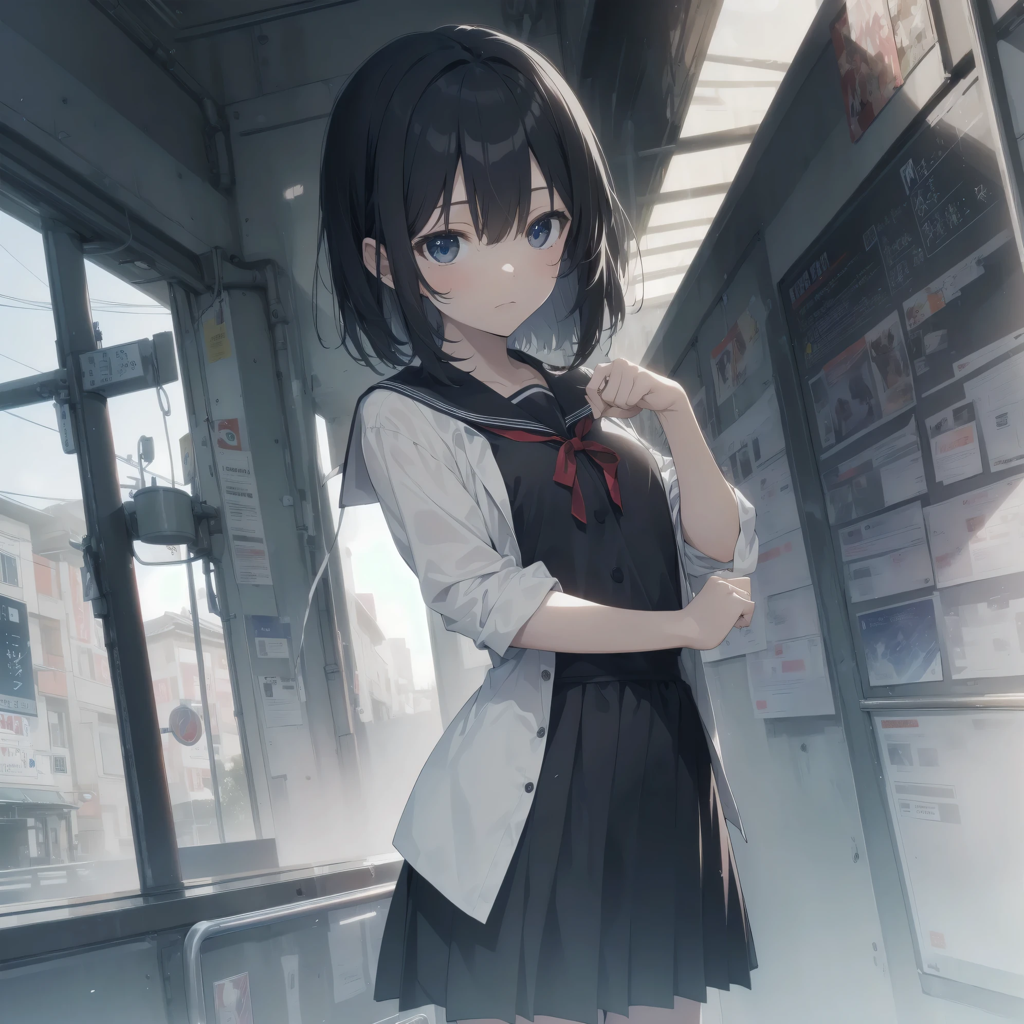 ultra-absurdres-Top quality by artist God, ultra-detailed, high resolution, anime moe artstyle, best anime 8k konachan wallpaper, pixiv contest winner, pool:2810, perfect anatomy,break, 1girl, (Please draw a girl walking sleepily to school alone. )break,(Solo,little female, 13-year-old:1.3),Full limbs, complete fingers,a junior high school student, (very short hair), short cut, flat chest, , small butt, small black eyes, beautiful detailed eyes, well-proportioned iris and pupils, expressive eyes, highres detailed hair, soft expression, salor school_uniform, sailor collar, serahuku, bow, pleated skirt,(Detailed Lighting), (Detailed background), in the School commute route. break,super detailed skin, Best cinematic lighting powered by famous artist, 8k,beauty illustration,photoshop_(medium),very aesthetic,break,((artist:hisona_(suaritesumi) )), artist:clamp ,artist:carnelian ,artist:kantoku ,