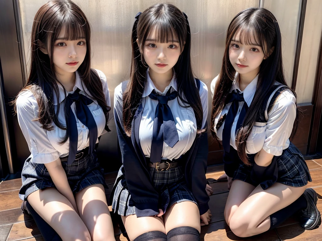 (8K, Raw photography, top-quality, ​masterpiece:1.2), master piece, best quality, illustration, Super detailed, fine details, High resolution, 8K,wall paper, perfect dynamic composition,(Details High quality, realistic depiction of eyes:1.3), ((2 girls, 2 schoolgirls)), The background is a luxury hotel room、High school girl uniform、blazer 、Super Short Check Uniform Skirt、Navy blue high socks、garterbelts、Colossal tits、Disturbed uniform, Play with each other,Touching each other's bodies,Touching the body of the girl next door, short bob hair, black hair color, huge breasts, Big Natural Color Lip, bold sexy pose, (perfect body shape), crying a little、cold gaze,  Beautiful makeup,glitter makeup,Cutest 18 years old, beautiful legs, hposing Gravure Idol, Voluptuous thighs