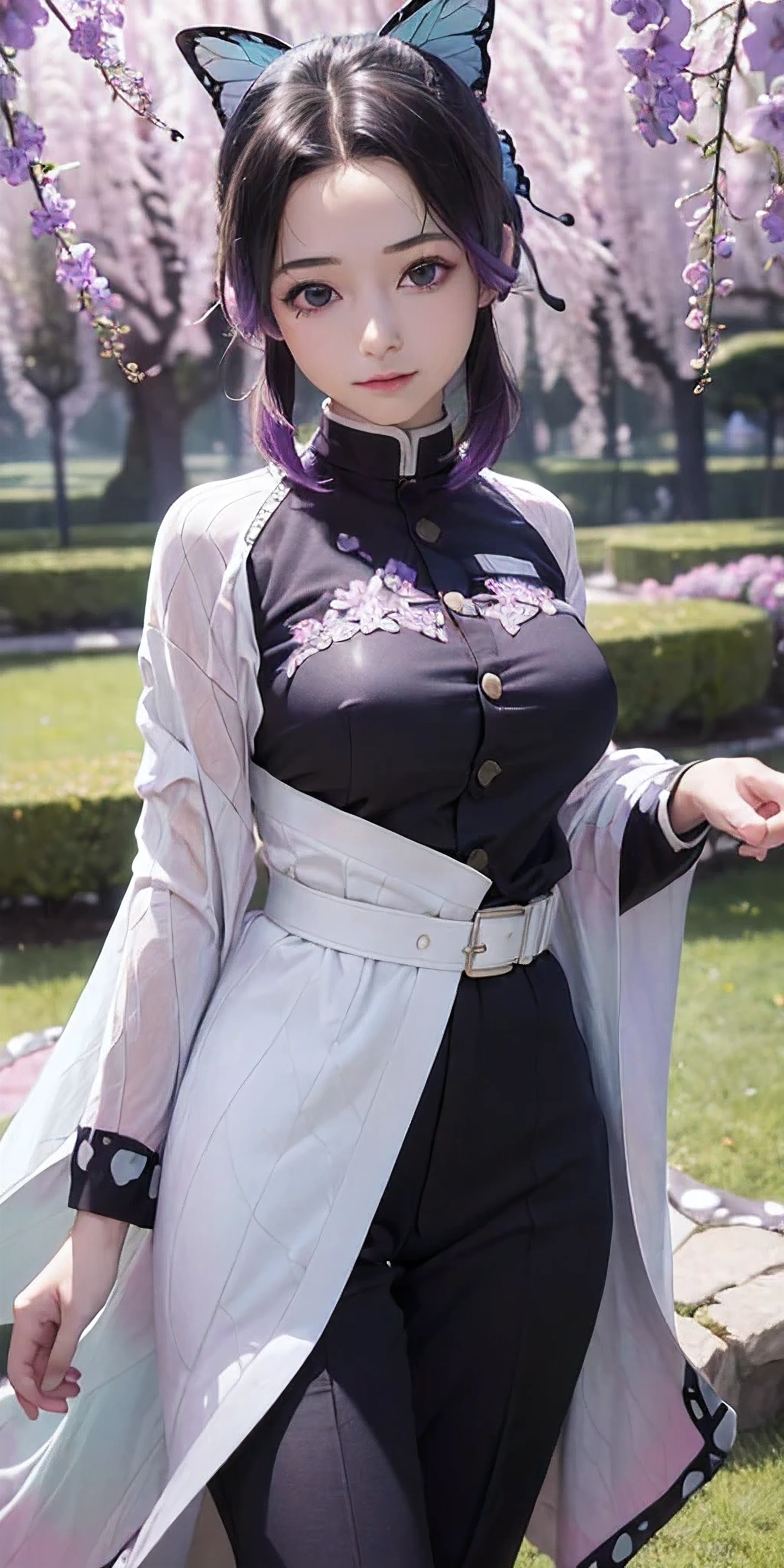 Ultra-realistic 8k CG,masterpiece,((ultra-detailed background, delicate pattern, intricate details)),best quality,very detailed face,extremely detailed eyes and face,extremely detailed eyes,kochou shinobu,multicolored hair,no bangs,hair intakes,purple eyes,forehead,black shirt,black pants,haori,butterfly,buttons,belt,(Garden:1.2),purple flower,chibi,cloudy sky,sunlight,Tindal effect,gradient_sky,face,Gorgeous sky,Waist Sabre,Charming posture,