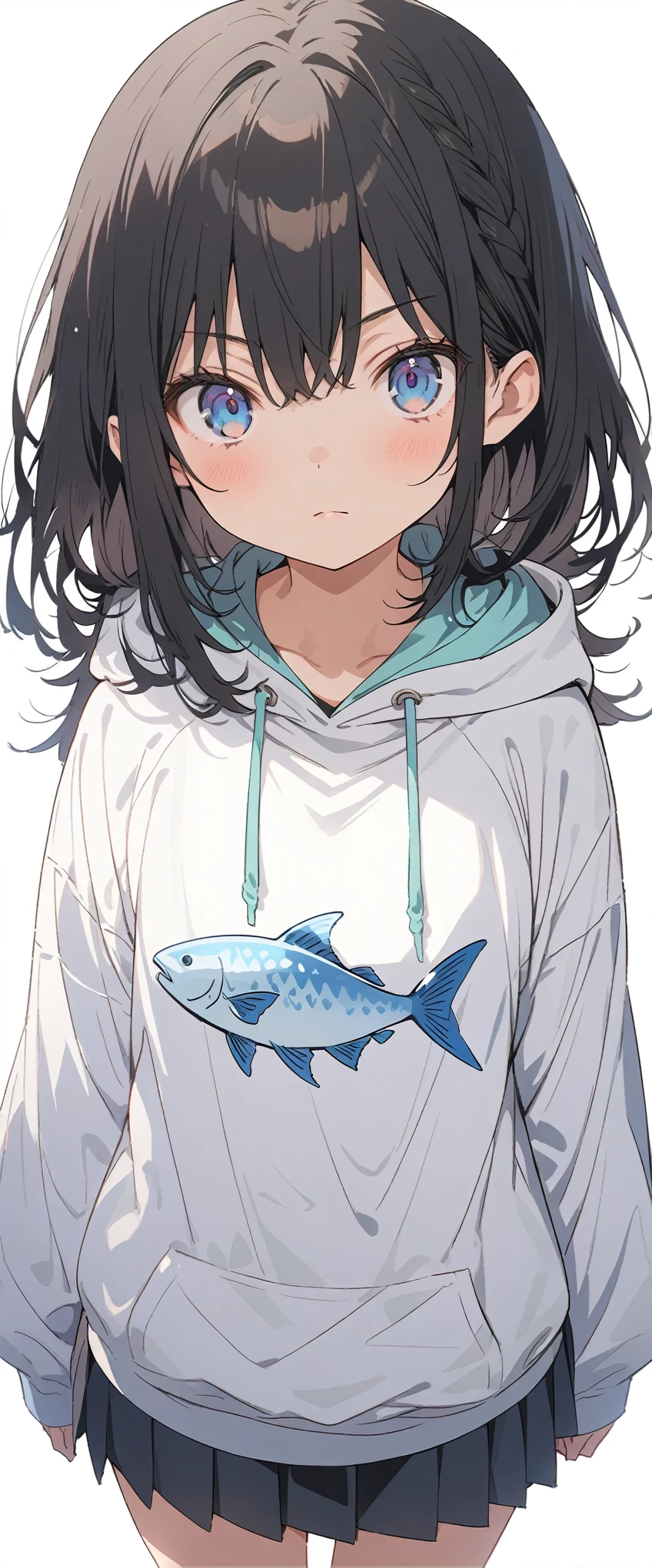 White background、Solid white background、Blank background、just standing girl, only one girl、Full body shot from the front,Ultra-high resolution, highest quality,fish-bone braid hair、Fishbone Hair、Flat Chest、beautiful detailed eyes、black hair、Black hair × Blue eyes、blue eyes、Serious expression、 Plain white hoodie、Black pleated skirt、barefoot
