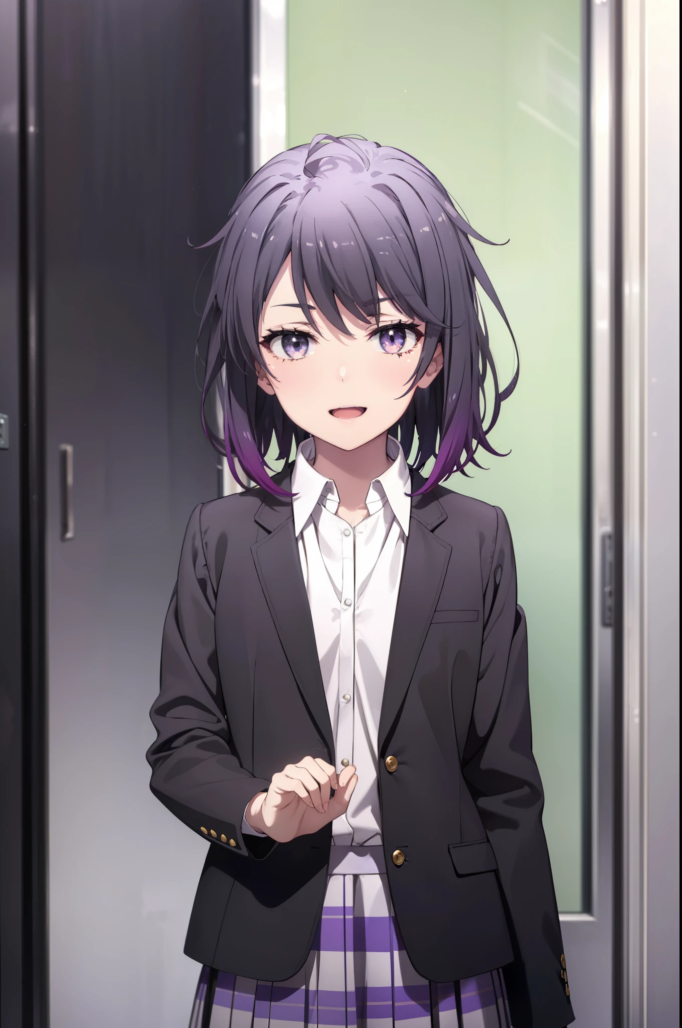 harunoyukinoshita, haruno yukinoshita, short hair, Hair between the eyes, (Iris:1.5), Black Hair, Gradient Hair, Two-tone hair, Purple Hair, happy smile, smile, Open your mouth,
break skirt, shirt, ribbon, , Jacket, white shirt, Open clothes, open Jacket, black Jacket, Plaid, Black pantyhose, Plaid skirt, blazer,Brown loafers, whole bodyがイラストに入るように,
break looking at viewer,whole body,　　　　　　　　　　　
break indoors,School,corridor,　　　　　　　　　　　break (masterpiece:1.2), highest quality, High resolution, unity 8k wallpaper, (figure:0.8), (Beautiful fine details:1.6), Highly detailed face, Perfect lighting, Highly detailed CG, (Perfect hands, Perfect Anatomy),