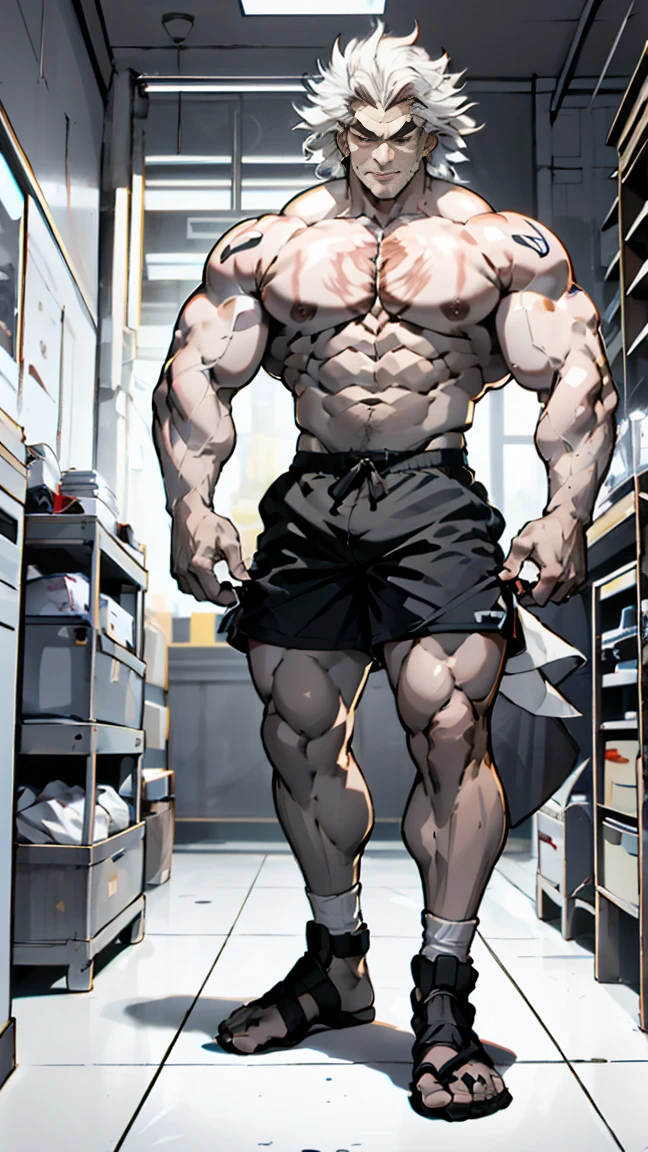 Red tattoo,Height: about 200cm,The socks are broken,The tip of the sock is broken by the toe,Leg hair,Muscle male,Chest muscles,muscle,Abdominal muscles,Well-developed muscle,muscle lines,musclestrength,the strong,Robust,Bodybuilding,Black shorts,Boys,juvenile,boy,Single masterpiece, best,Cluttered room,White socks with toes broken,