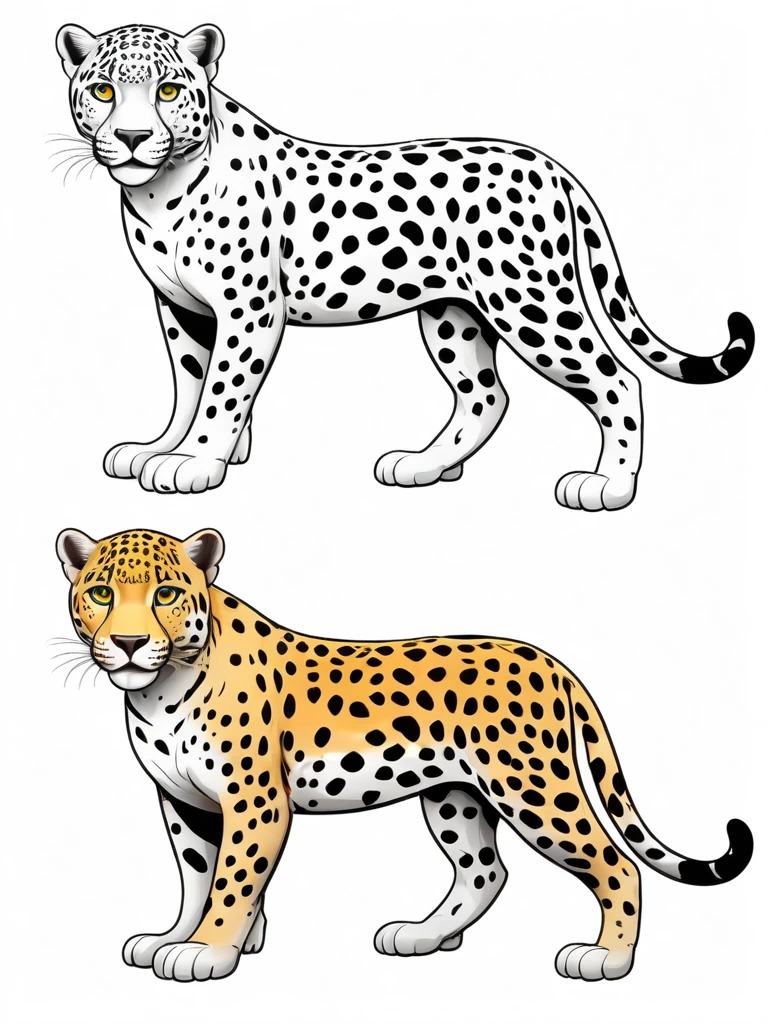 Draw a jaguar to color in cartoon style, full body sketch style with a completely white background and another separate drawing of a colorful jaguar on the farm