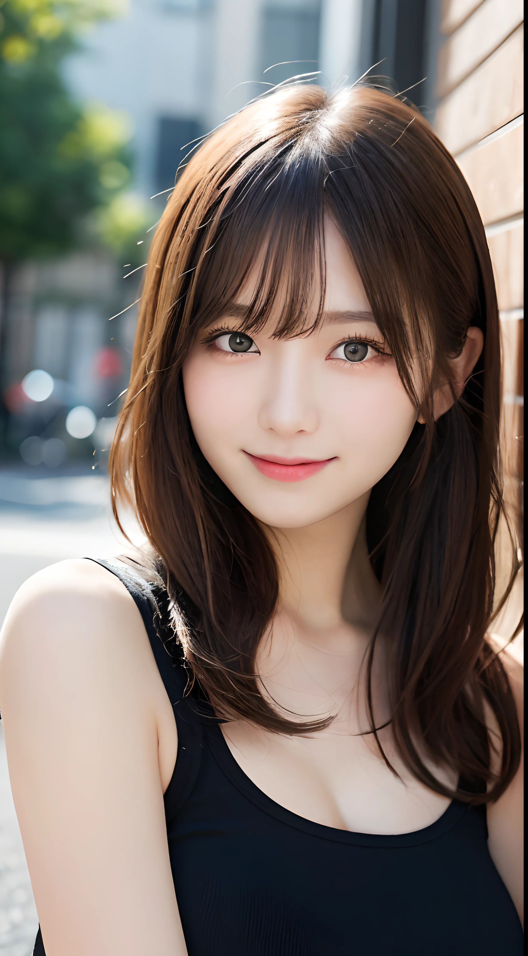 masutepiece, Best Quality, Illustration, Ultra-detailed, finely detail, hight resolution, 8K Wallpaper, Perfect dynamic composition, Beautiful detailed eyes, Women's Fashion Summer,Medium Hair,Small breasts natural color lip, Bold sexy poses,Smile,Harajuku、20 years girl、Cute、Sexy shot looking at camera