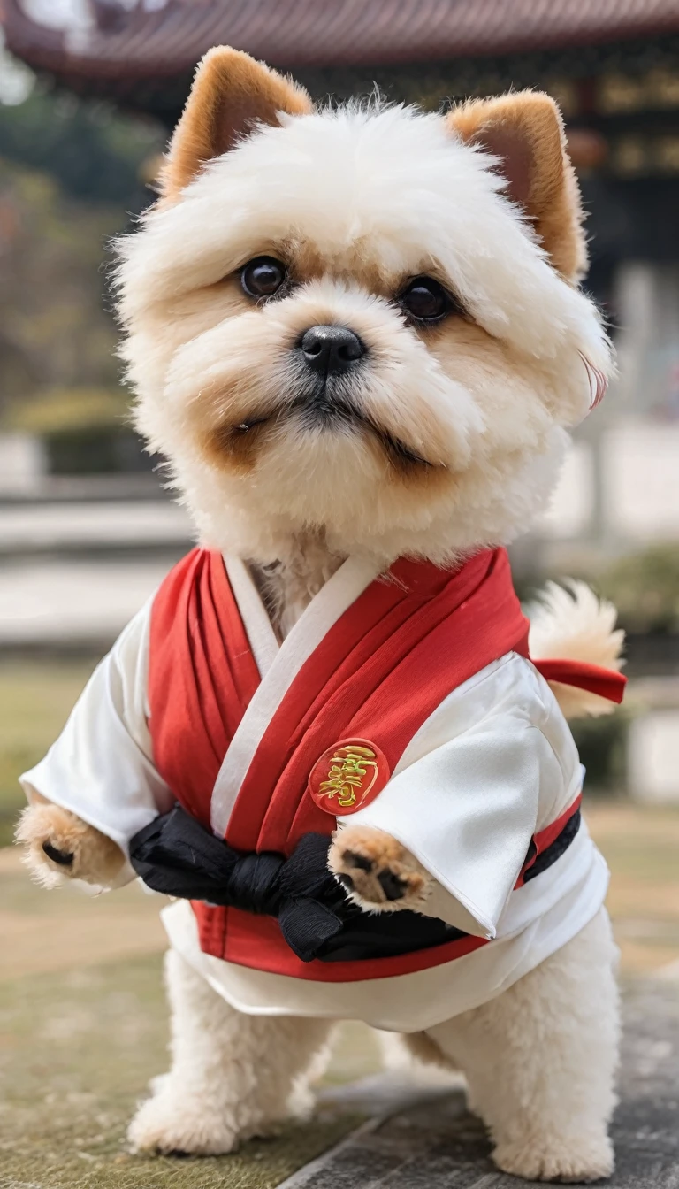 Kung Fu dog wearing martial arts costume，This dog is a teddy dog, Teddy dog is performing Chinese Kung Fu,The dog&#39;s movements should appear skilled and confident,Show off his martial arts prowess, Chinese traditional garden background,Enhance overall aesthetics,使用light构图来突出狗的敏捷和优雅, Capture vibrant and visually impactful moments, Anthropomorphic, light,Light and Shadow,8K,best quality,Super Detail,3D Art,c4d,Background focal length 50mm f2.8,Octane Rendering,Ray Tracing,Pixar Trends,high details8K,工作室light,8K, --with 9:16 --iw 2 --v 5