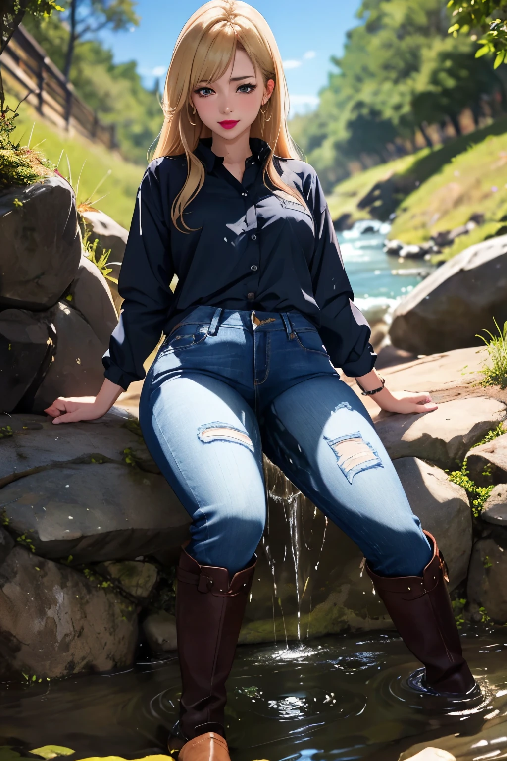 anime, best quality, high quality, highres, beautiful women, tanned gyaru, blonde hair, high detail, good lighting, lewd, hentai, (((wearing equestrian outfit))), (((jeans))), (((riding boots))), nice legs, (((wetting herself))), (((peeing herself))), (((peeing self))), pee streaming down legs, peeing stain, (puddle), (thick thighs), nice long legs, lipstick, detailed face, pretty face, seductive face, aroused, sexually excited, ((at a creek)), (full body in view)