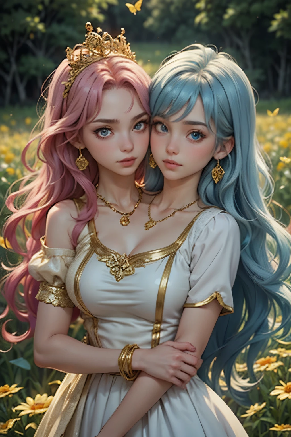 2girls, one with fuchsia hair, fuchsia eyes, narrowed eyes, long hair, straight hair, soft smile, gold tiara, gold earrings, gold necklace, gold accessories, greek style dress, white dress, one with light blue hair, white dress, blue eyes, wavy hair, sad eyes, greek style dress, blue dress, gold tiara, gold earrings, gold necklace, gold accessories, the background is a field of flowers, multiple butterflies fly around, (two heads)
