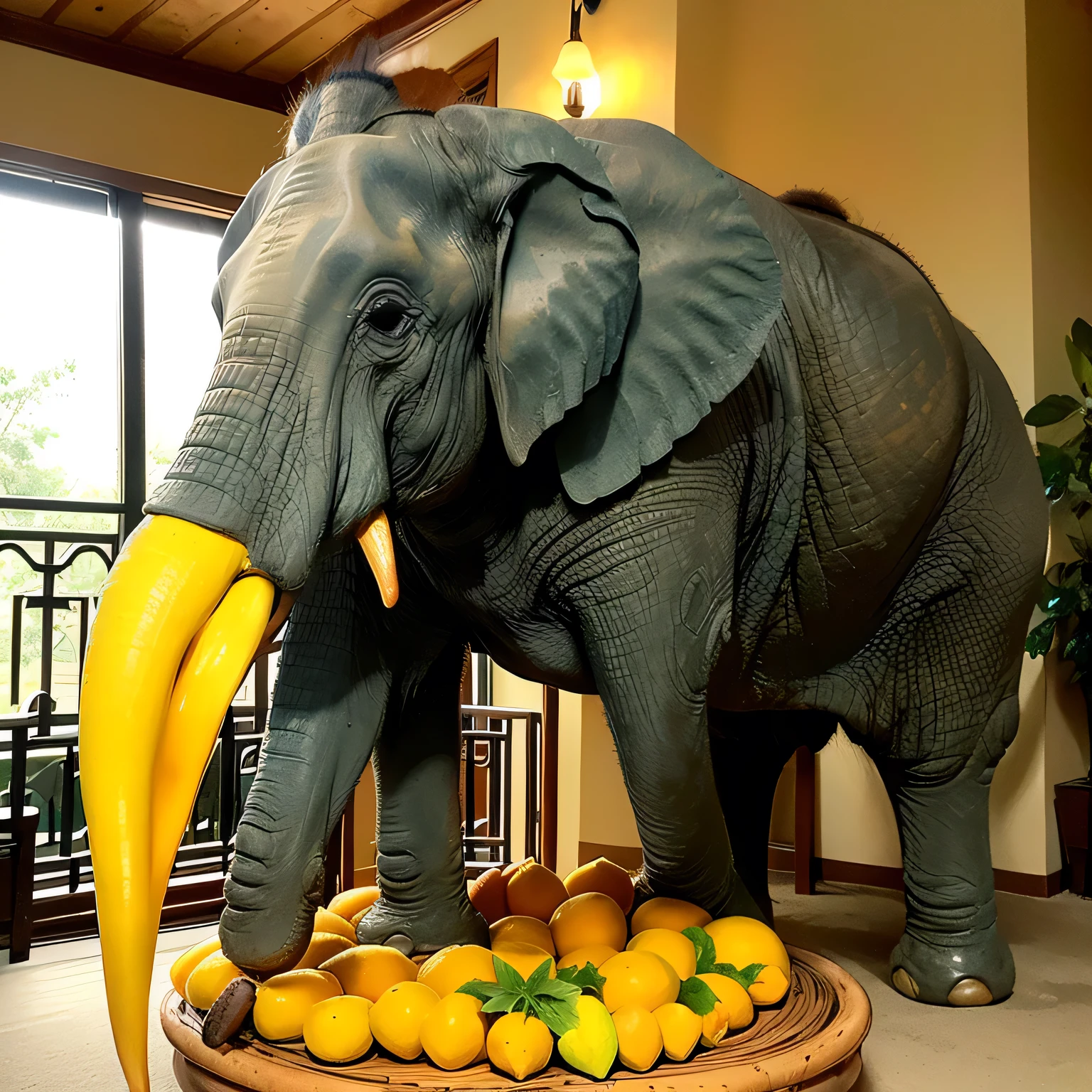 ultra high definition, photorealistic: 1.5, (mango sculpture: 1.3), An elephant, created entirely out of mangoes, sits on a vibrant, tropical background. The mango sculpture is meticulously crafted, with intricate details that mimic the real elephant's texture and curves. The mangoes used to create this masterpiece are a rich golden yellow, with some partially ripe, giving the elephant a warm, inviting glow. A single, large leaf serves as a base, adding a touch of exotic charm. This striking, life-size mango elephant, a testament to creativity and locally sourced ingredients, is a spectacular