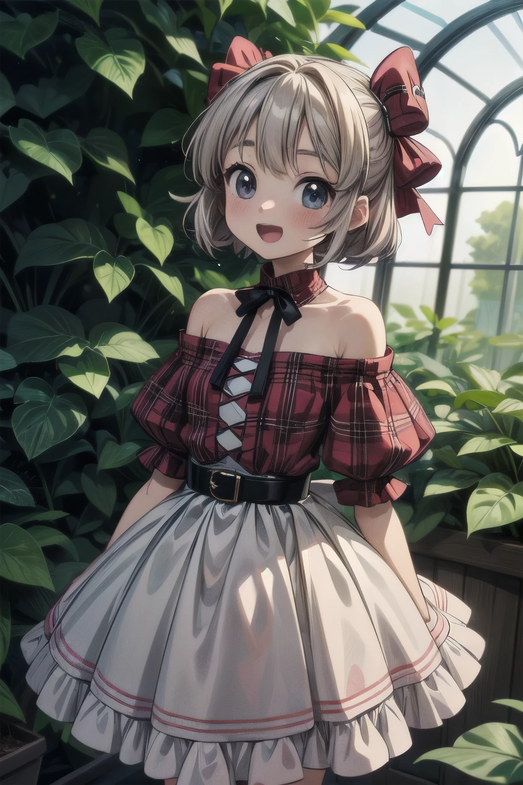 ((Masterpiece)), (Anime:1.5), ((best quality)), (super detail:1.2), (High Definition:1.3), (High Definition:1.3), (Professional Photography:1.2), ((from front)), ((12 years old)), cinematic lighting, cute teenage girl, Plaid dress, (Off-Shoulder dress), hoop dress, bow, (lolita fashion), pale silver hair, (Vibrant Pose), exposed bare shoulder and arms, lolita style, ((looking to the left)), cute smile, open mouth, pretty, portrait of lolita girl, emo style, red checker, (against the giant greenhouse), ribbon belt, (sharp focus), (perfect light),