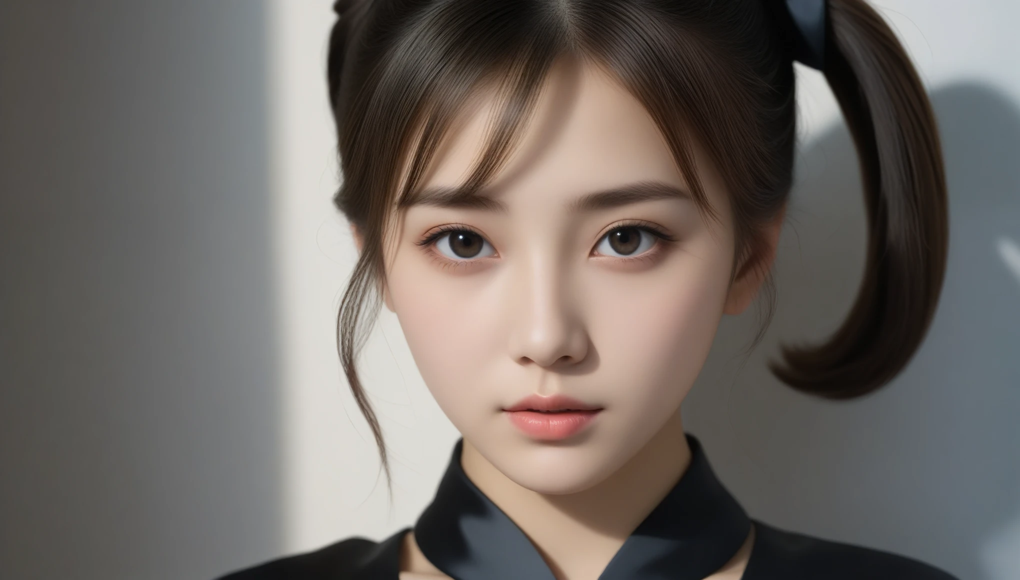 8k, 超High resolution, highest quality, masterpiece, Surreal, photograph, 1 girl, (:1.3), cute女の子, cuteface, Beautiful eyes in every detail, Black silk dress、intellectual,(Gaziantep:1.5), close, masterpiece, highest quality, 生photograph, Realistic, face, Unbelievably absurd, beautiful girl, cute, Hair Bun, Written boundary depth, High resolution, 超detailed, finely, 非常にdetailedな, 非常にdetailedな eyes and face, Sharp pupils, Realistic students, Sharp focus, Cinema Lighting、Written boundary depth、鮮明なdetailed、detailed、Surreal、Light and shadow,Strong light,Fashion magazine cover,Thin lips