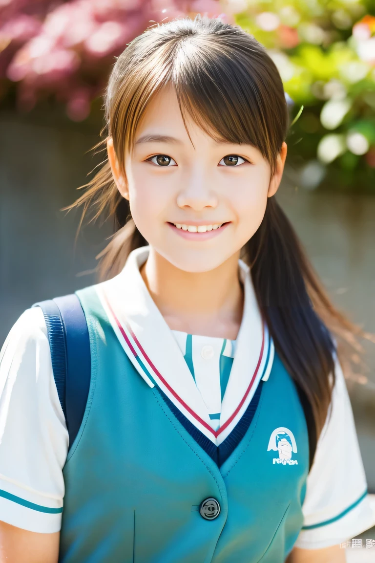 Lens 135mm f1.8, (highest quality),(RAW photo), (arms at sides:1.1), (Beautiful 15 year old Japanese girl), cute face, (deeply carved face:0.7), (freckles:0.6), dappled sunlight, , (japanese school uniform), (inside the school), shy, ponytail, the waist up shots , (smile),, (sparkling eyes)、,photo from the waist up,