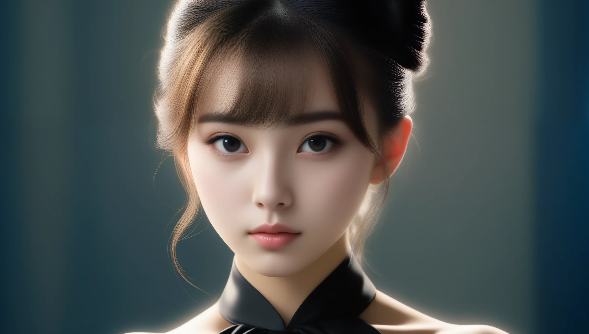 8k, 超High resolution, highest quality, masterpiece, Surreal, photograph, 1 girl, (16 years old:1.3), cute女の子, cuteface, Beautiful eyes in every detail, Black silk dress、intellectual,(Gaziantep:1.5), close, masterpiece, highest quality, 生photograph, Realistic, face, Unbelievably absurd, beautiful girl, cute, Hair Bun, Written boundary depth, High resolution, 超detailed, finely, 非常にdetailedな, 非常にdetailedな eyes and face, Sharp pupils, Realistic students, Sharp focus, Cinema Lighting、Written boundary depth、鮮明なdetailed、detailed、Surreal、Light and shadow,Strong light,Fashion magazine cover,Thin lips
