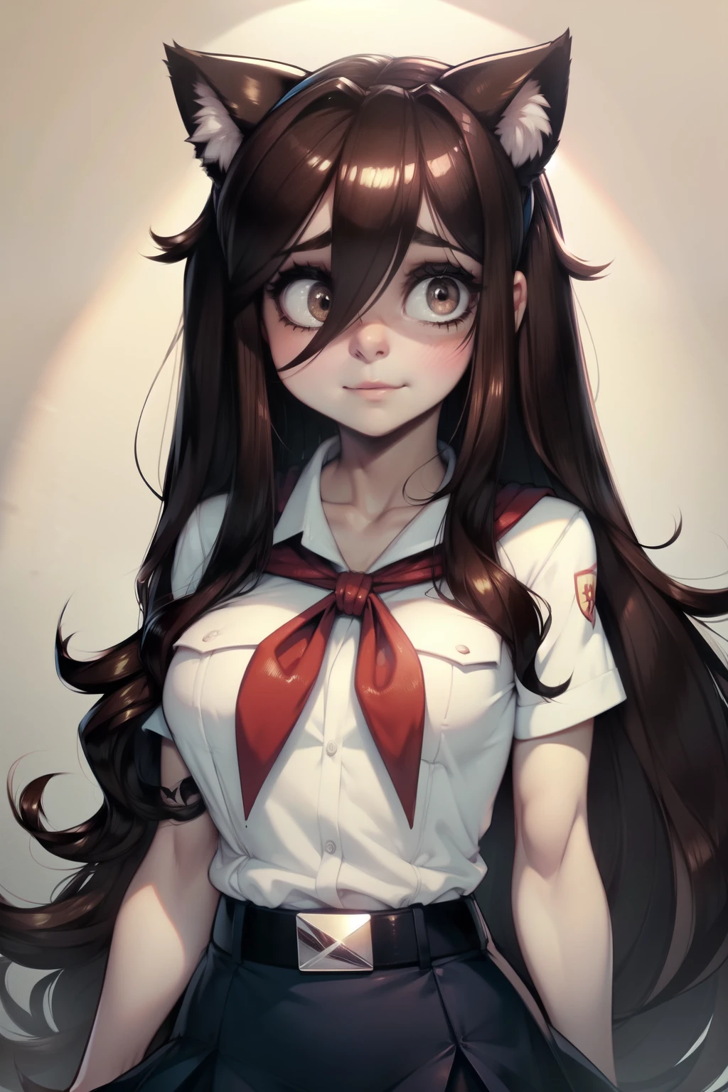 very young slim fit girl, at full height, (rounded face:1.2), very long disheveled dark brown hair, (big brown eyes:1.2), shy smile, perfect flat breast, band on head with fake cat ears, parororo, pioneer neckerchief, blue thight microskirt, bangs, shirt, collarbone, white shirt, short sleeves, collared shirt, belt, neckerchief, eyelashes, red neckerchief, breast pocket, ariawm, accurate snub nose, (very long strand of hair between eyes:1.3)