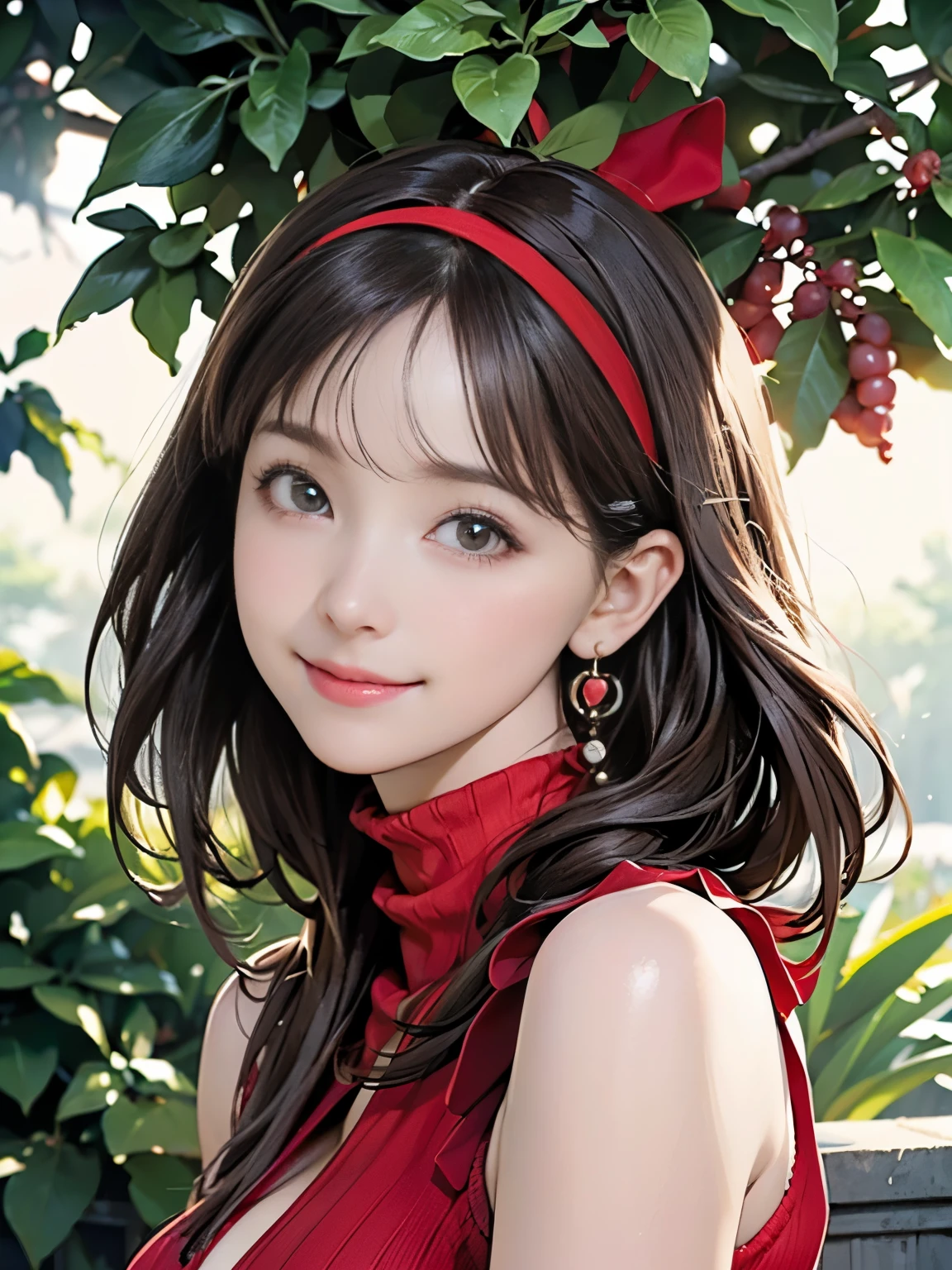 ((((highest quality))))、(((Ultra-precision CG16K wallpaper)))、(((masterpiece)))、(((Super detailed)))、(((Extreme detail)))、((１Mature 29 year old woman:1.6))、((Very beautiful Japanese faces))、((Zuo々Nozomi:1.5))、((Straight medium hair、blunt bangs:1.5))、(Shiny brown hair)、Beautiful delicate eyes、Brown Eyes、eyeliner、Eyeshadow、High nose、Small nostrils、Small Mouth、Seductive lips、Beautiful breasts、((C cup size breasts))、Cleavage、Beautiful feet、eight-headed body、Perfect proportions、Perfect Anatomy、Perfect composition、Beautiful detailed shading、Beautiful, natural lighting、Beautiful detail glow、Depth of written boundary、(((High chroma)))、(((Real:1.9)))、((vivid:1.5))、((Beautiful Skin))、((Skin Texture))、((Realな皮膚感))、(((Bust Shot:1.6)))、((front view、shoot from front、Front low angle:1.6))、(((smile:1.6)))、((The woman is looking at this、looking at viewer、Facing forward:1.6))、Bright daylight、Natural light、(((background_Foliage plant:1.5)))、(Walking Pose:1.6)、(((Wine red high neck sleeveless knit dress:1.6)))、((Headband、Wearing earrings:1.5))、