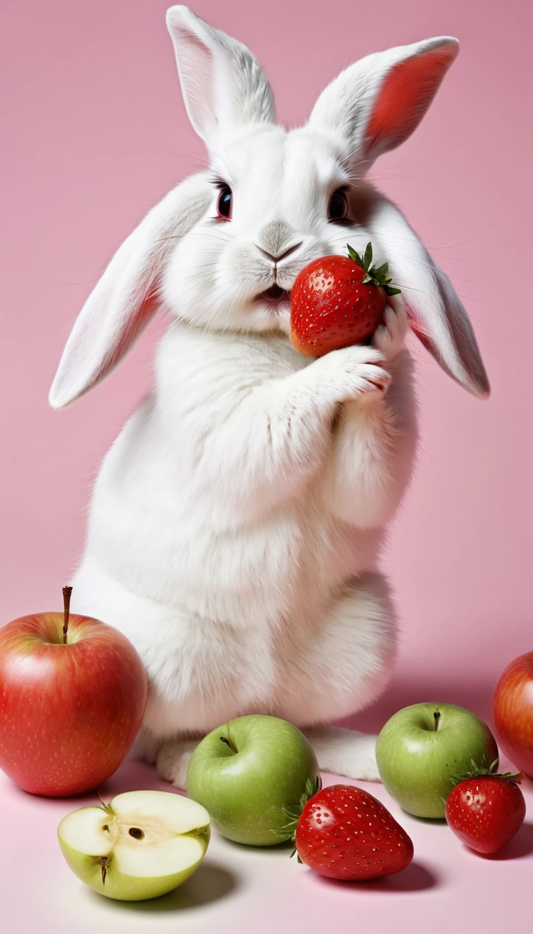 : 3. rabbit, Practical, Furry animals, apple, Black eyes, blush, cherry, food, fruit, whole body, have, Non-human, strawberry, tomato, watermelon