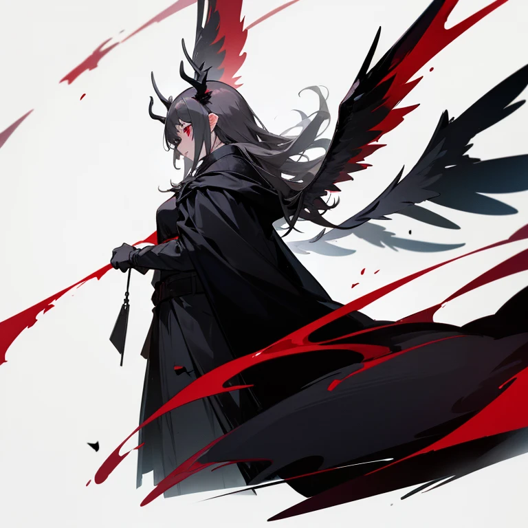 1 girl, pitch black wings, pitch black tail, black antlers, red eyes, black cloak, white background