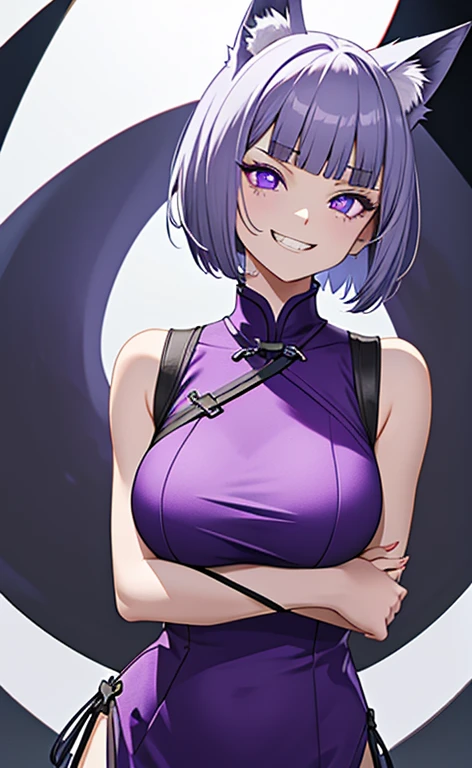 (masterpiece:1.4、top-quality、illustration)、(character focus、,upper body:1.3)、(face,),(1girl),(evil grin:1.3),(Beautiful eyes:1.4),cute face,(purple eyes:1.3)、(tareme:1.3)、(fox ears,fox tails),
),(stand:1.4),、(),(breast hold:1.3),
(blue grey hair),(short hair:1.5)、
,(),(sleeveless turtleneck china dress:1.5),
(blunt bangs),(sidelocks:1.3), (large breasts)、
、slender、