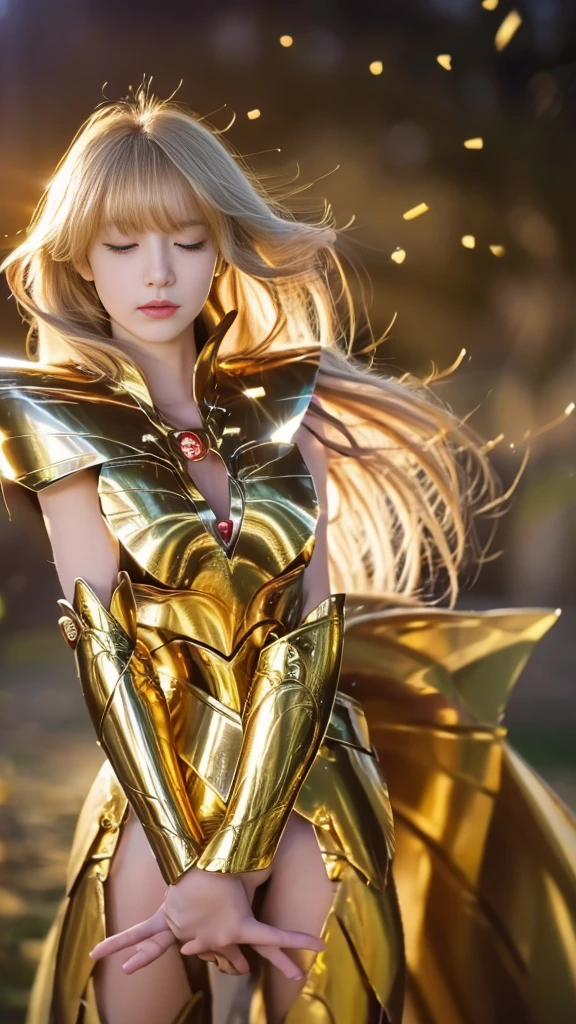 A woman wearing the armor of the virgin knight Shaka, Mix 4, (8k, RAW Photos, Better Quality, masterpiece: 1.2), (Realist, Realist: 1.37), One girl, May, Cityscape, night, rain, Wet, Professional Lighting, Photon Mapping, Radio City, Physically Based Rendering, Gradient Blonde Hair, May, feminine, White ball set, Excellent image quality, High resolution, 1080p, (Clean face), (Detailed description of the face), (Detailed hand description), (masterpiece), (Exquisite CG),  Extreme light and shadow, My hair is messy, masterpiece, Rich details, (Exquisite facial features), (high resolution), (masterpiece), (Fine grain), Look straight ahead into your eyes, Delicate clavicle, (Big breasted:1.2), (((A woman with huge breasts in the golden armor of Virgin Shaka, Knights of the Zodiac)))