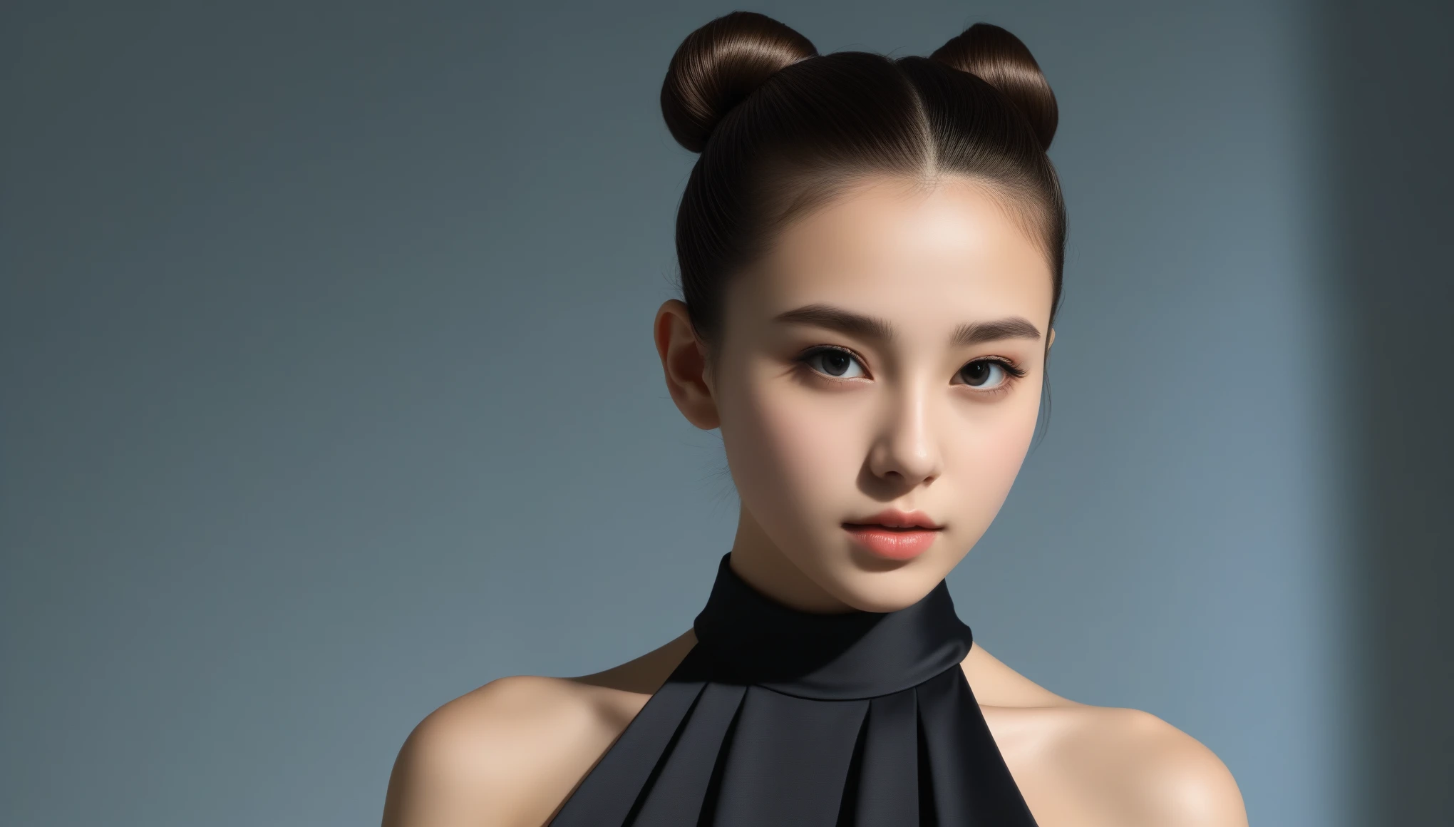 8k, 超High resolution, highest quality, masterpiece, Surreal, photograph, 1 girl, (16 years old:1.3), cute女の子, cuteface, Beautiful eyes in every detail, Black silk dress、intellectual,(Gaziantep:1.5), close, masterpiece, highest quality, 生photograph, Realistic, face, Unbelievably absurd, beautiful girl, cute, Hair Bun, Written boundary depth, High resolution, 超detailed, finely, 非常にdetailedな, 非常にdetailedな eyes and face, Sharp pupils, Realistic students, Sharp focus, Cinema Lighting、Written boundary depth、鮮明なdetailed、detailed、Surreal、Light and shadow,Strong light,Fashion magazine cover,Thin lips
