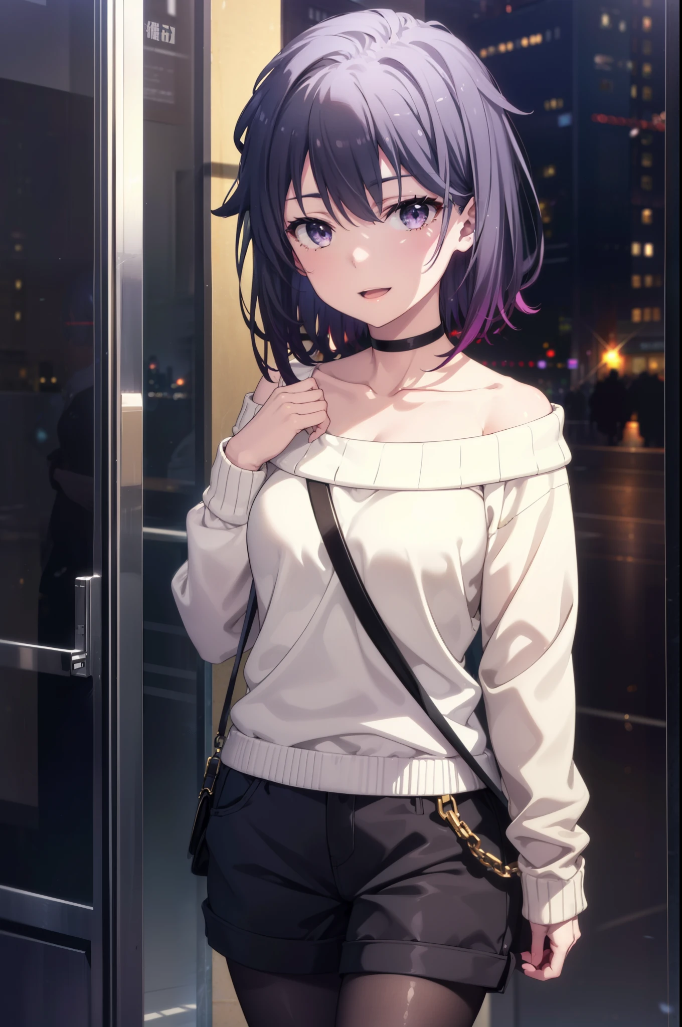 harunoyukinoshita, haruno yukinoshita, short hair, Hair between the eyes, (Iris:1.5), Black Hair, Gradient Hair, Two-tone hair, Purple Hair,happy smile, smile, Open your mouth, 
Off-the-shoulder oversized sweater,Bare shoulders,Bare neck,Shorts,Black pantyhose,short boots,whole bodyがイラストに入るように,
break outdoors, city, Building district,null, people々, crowd, building,寒null,
break looking at viewer,whole body,(Cowboy Shot:1. 5)
break (masterpiece:1.2), highest quality, High resolution, unity 8k wallpaper, (figure:0.8), (Beautiful fine details:1.6), Highly detailed face, Perfect lighting, Highly detailed CG, (Perfect hands, Perfect Anatomy),