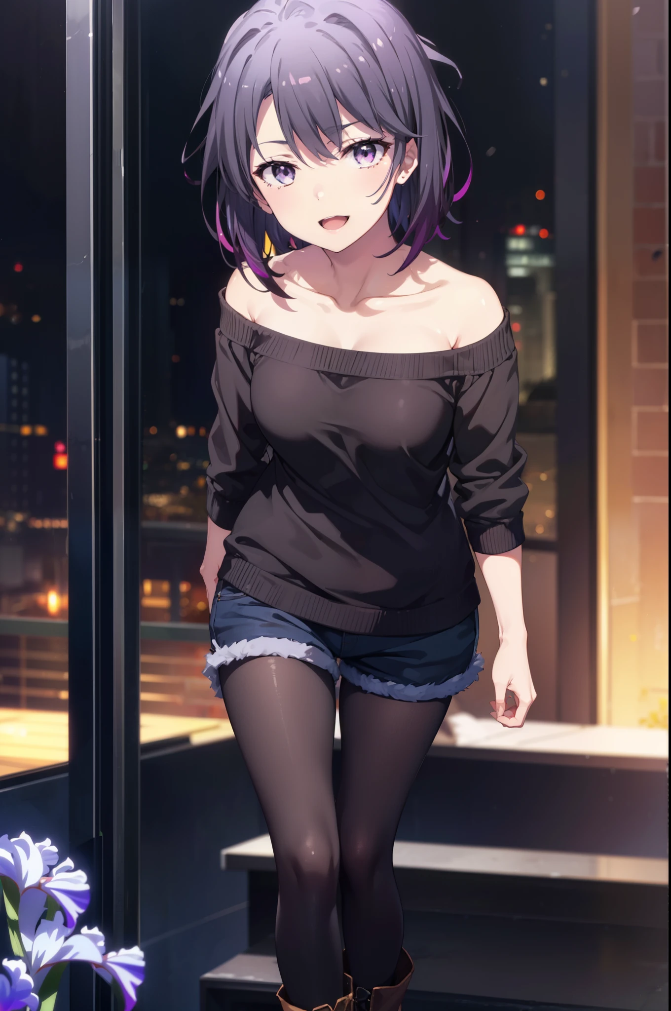 harunoyukinoshita, haruno yukinoshita, short hair, Hair between the eyes, (Iris:1.5), Black Hair, Gradient Hair, Two-tone hair, Purple Hair,happy smile, smile, Open your mouth, 
Off-the-shoulder oversized sweater,Bare shoulders,Bare neck,Shorts,Black pantyhose,short boots,whole bodyがイラストに入るように,
break outdoors, city, Building district,null, people々, crowd, building,寒null,
break looking at viewer,whole body,
break (masterpiece:1.2), highest quality, High resolution, unity 8k wallpaper, (figure:0.8), (Beautiful fine details:1.6), Highly detailed face, Perfect lighting, Highly detailed CG, (Perfect hands, Perfect Anatomy),