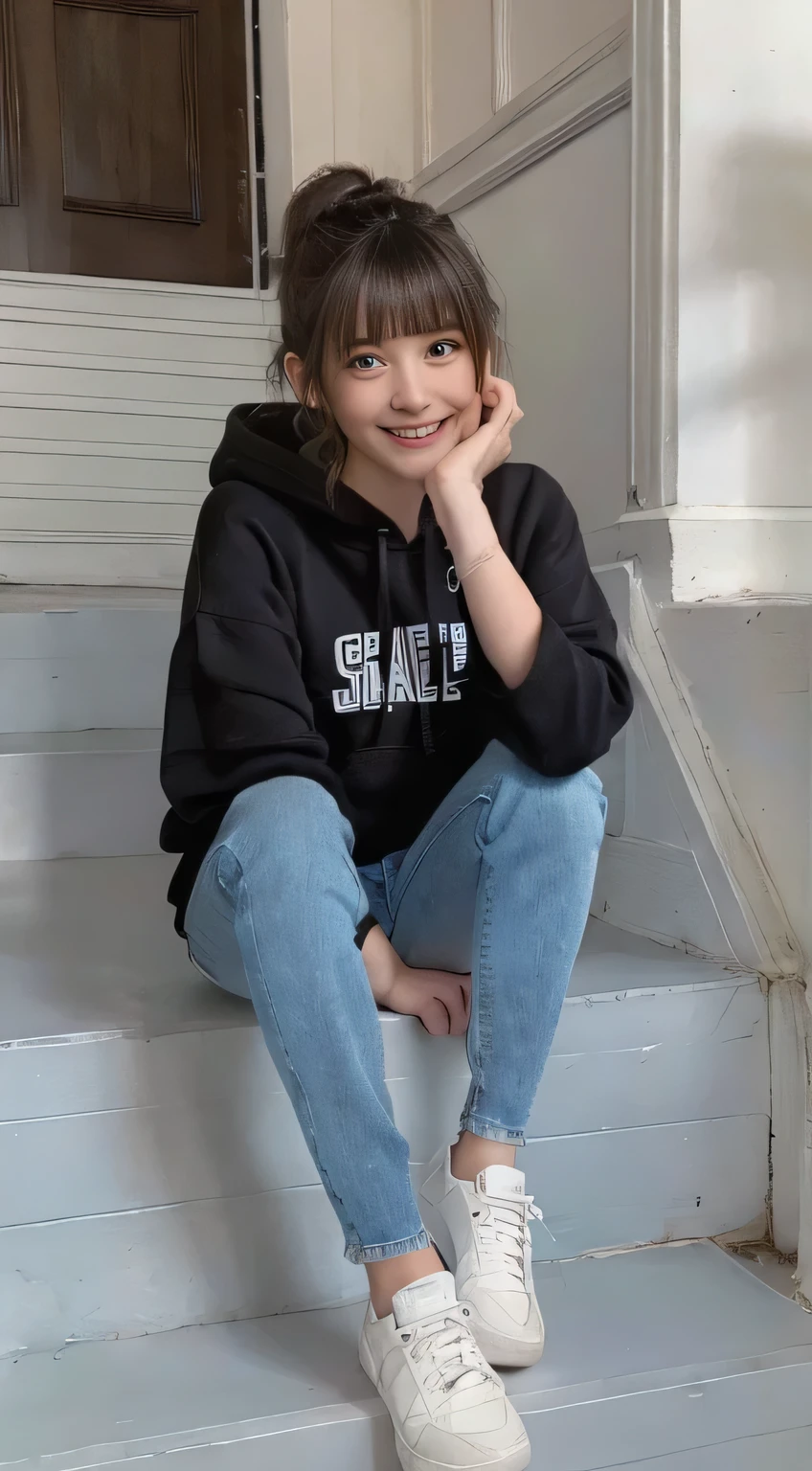 highest quality, Realistic, Very detailed, Finer details, High resolution, 8k wallpaper, One beautiful woman,Sit on the stairs、(Wear black socks)smile、(Beautiful teeth alignment、)(Gums are visible) Oversized hoodie, Skinny jeans,( Black sneakers)、Black Hair、 Beautiful Bangs、ear piercing、Perfect dynamic composition, Beautiful and detailed, Full Body Shot, A big smile brown hair