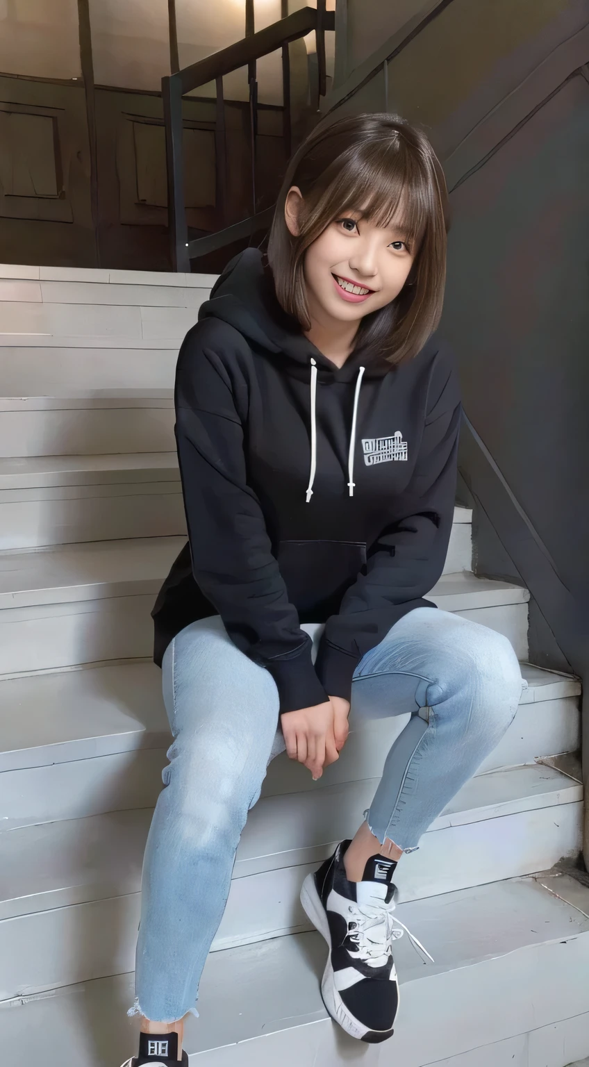 highest quality, Realistic, Very detailed, Finer details, High resolution, 8k wallpaper, One beautiful woman,Sit on the stairs、（Wear black socks）smile、（Beautiful teeth alignment、）（Gums are visible） Oversized hoodie, Skinny jeans,（ Black sneakers）、Black Hair、 Beautiful Bangs、ear piercing、Perfect dynamic composition, Beautiful and detailed, Full Body Shot, A big smile brown hair