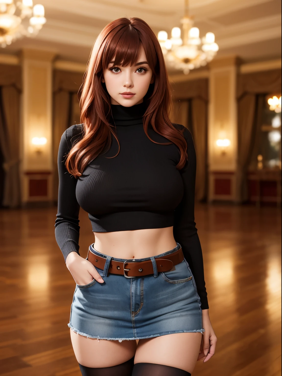 red-haired girl,big breasts,bangs,turtleneck crop top,black stockings, cropped denim skirt with a belt,ultra-detailed,realistic portrait,vivid colors,warm tones,soft lighting,standing in an elegant ballroom