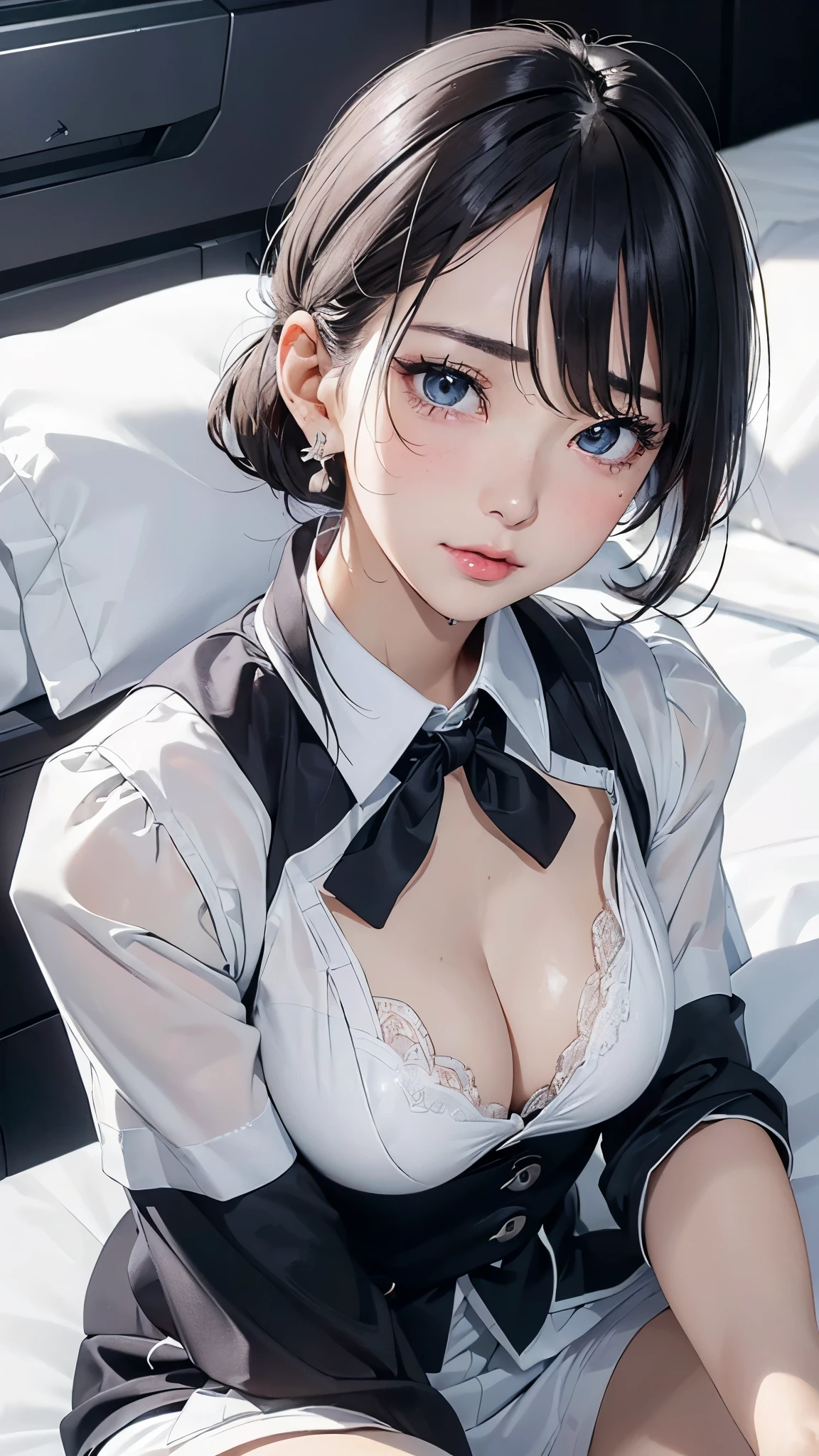 (masterpiece: 1.3), (Maximum resolution: 1.2), (Ultra HDTV: 1.2), Cinematic Light, 8K resolution, Detailed facial features , (Sharp focus: 1.2), (Focus on the face:1.2),Perfect Style, Beautiful Face, Acura, Anatomically correct, Highly detailed face and skin texture, Beautiful Eyes,Beautiful Eyes, Thin eyebrows, Glitter Eyeliner: 1 Natural Cheeks, Glowing Skin, Fair skin: 1.2, (Glossy Lips: 1.4),、 (Embarrassed look: 1.2),Highly detailed face and skin texture, Natural Cheeks, , Glossy Lips: 1.4,Perfect Style、Cleavage、Soft Breasts、(White mucus on chest:1.4)(White mucus on thighs:1.2)、 blush、A humiliating look、Anxious expression、A look of humiliation、Embarrassed expression、Glare、anger、sorrow、tears、Open your knees、Spread your legs、 White underwear、White bra、Sparkly little earrings and necklace、Disheveled clothes、White panties、sweating、Thin underwear、stockings、28 years old, A clean-cut woman,1 person、 Upward-facing chest, first class cabin、On the bed、(On my back, ベッドにLying down, ベッドにLying downいる, Lying down, White sheets:1.3)、Black Hair、blonde、Silver Hair、Blue-gray eyes、Green Ash Eye,(Stewardess Uniform:1.4)、