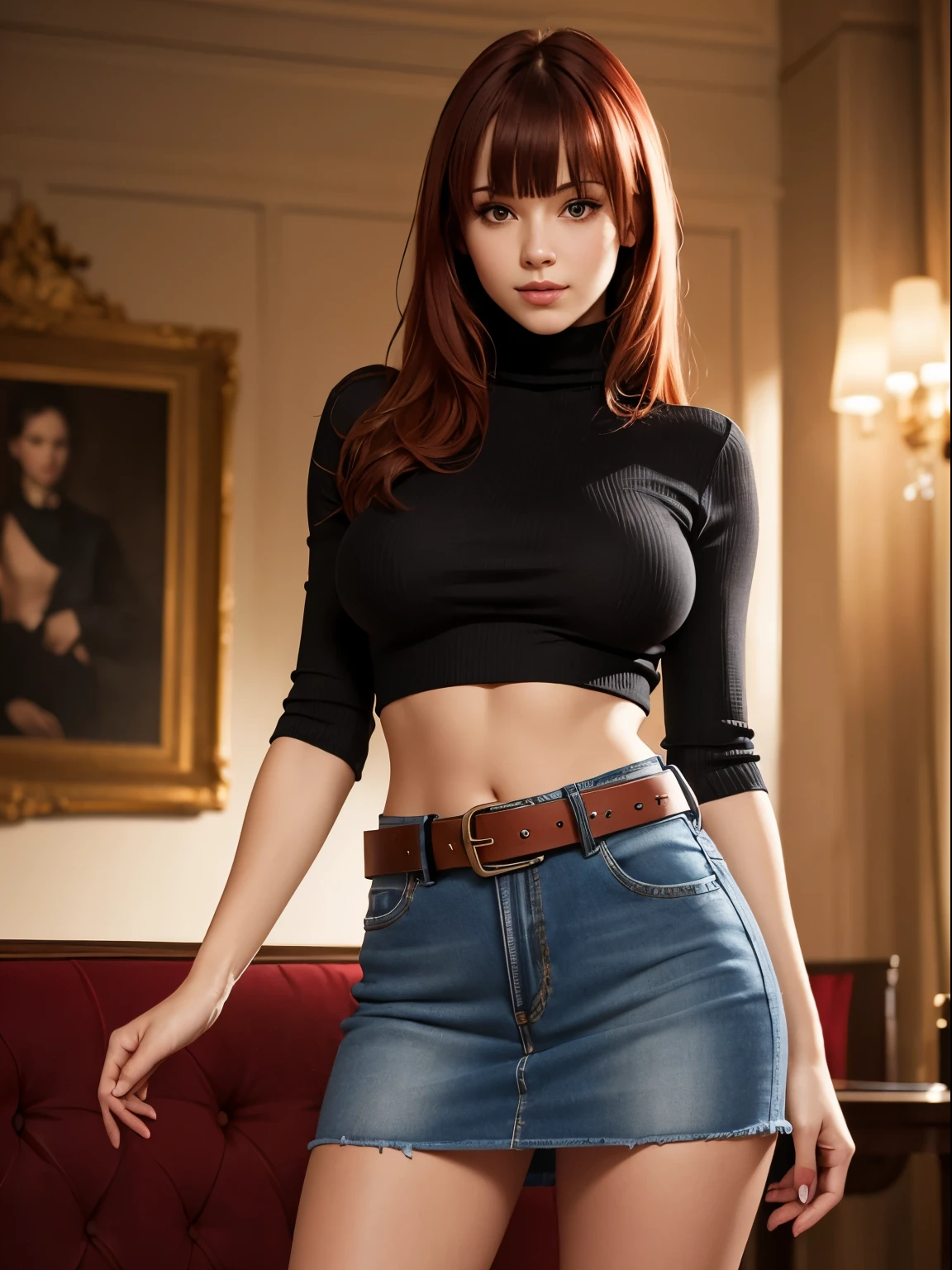 red-haired girl,big breasts,bangs,turtleneck crop top,black stockings, cropped denim skirt with a belt,ultra-detailed,realistic portrait,vivid colors,warm tones,soft lighting,standing in an elegant ballroom