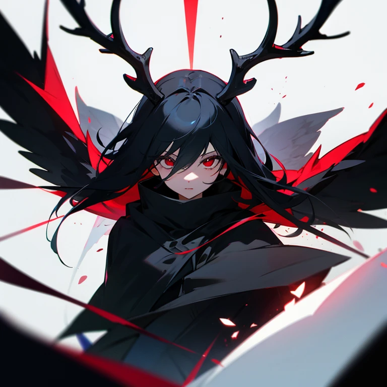 1 girl, pitch black wings, pitch black tail, black antlers, red eyes, black cloak, white background, front facing 