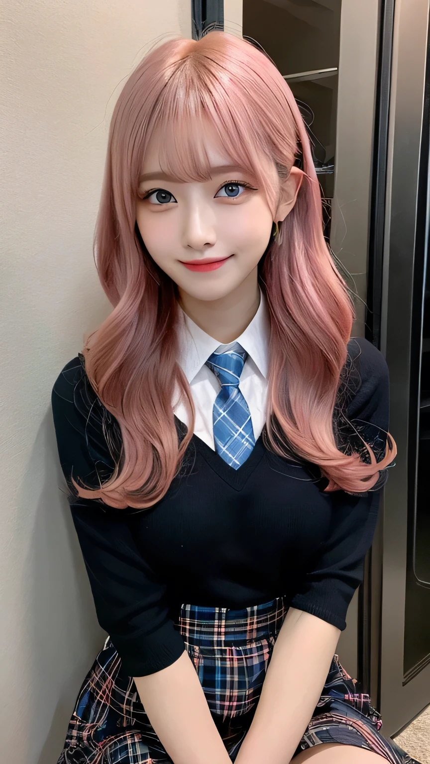 One Girl, Hoshino (Blue Archive), alone, Heterochromia iridis, Pink Hair, skirt, Long Hair, tie, Ahoge, shirt, Hello, Plaid skirt, blue eyes, Plaid, Big Breasts,Show Viewer, white shirt, Sitting, Orange eyes, chest Harness, Harness, Long sleeve, ID card, Open your mouth, very Long Hair, collared shirt, smile, blue tie, bangs, Between the legs, hand Between the legs, blush, Hair between the eyes, High resolution,masterpiece, highest quality