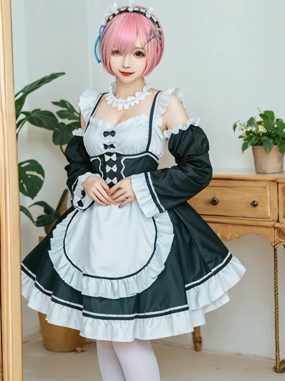 (8K, Photorealistic, Raw photo, of the highest quality: 1.3), (1girl in), Super beautiful, (Realistic face), (boyish, light blue Color Berry Shorthair),(8K, Photorealistic, Raw photo, of the highest quality: 1.3), (1girl in), Super beautiful, (Realistic face), (boyish, pink Color Berry Shorthair), Beautiful , Glare that captivates the viewer, Beautiful expression, Beautiful breasts, (Realistic skin), Be...Create a detailed and colorful image of Ram and Rem from Re:Zero, standing back-to-back in their maid outfits, with a magical fantasy background、14years old, two girls,cute, perfect face, beautiful, nice body, gothic lolita clothes, gothic lolita fashion, frilly skirt, headdress, necklace, bracelet, knee-high socks, boots, double eyelids, tear bags, Detailed down to the fingers, photo-like description, indoors, dim indoor lighting, one girl is pink hair and short bob, another girl is light blue hair and short bob,standing, whole body, composition that shows the whole body, smiling,The Both of them are wearing the same type of maid outfit
