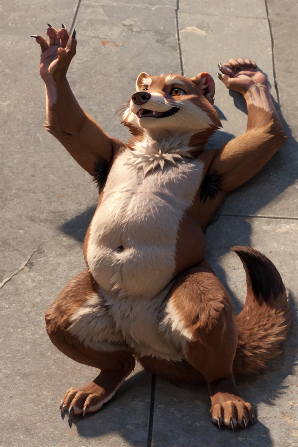 Fluffy Yellow Weasel、Fat Weasel、Obese abdomen、Itachi looking to the side、Full body weasel fur、Composition looking up from diagonally below、Barking Weasel、Concrete Background、Wide-legged pose、Long body、very short legs、Sharp claws on the toes、Pose with hands raised up、Lying down pose、Hairless head、Full body weasel fur皮、Howling pose、Upward facing face、Very long and profuse armpit hair、Weasel&#39;s Tail