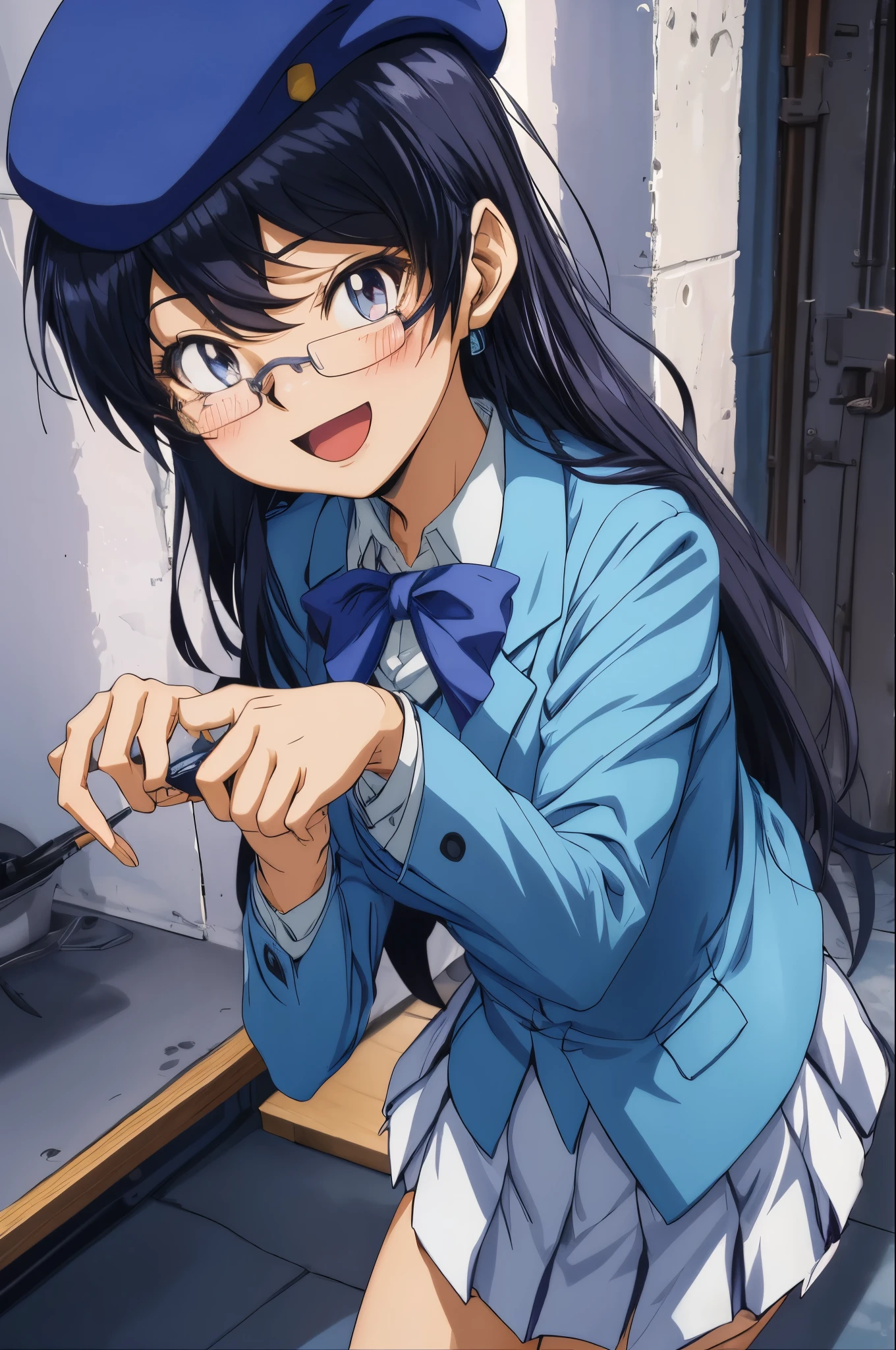 upper body,nogami aoi,glasses,beret,long hair,dark blue hair,(light blue blazer),neck ribbon,long sleeve,miniskirt,open mouth,smile,blush,alley,masterpiece,Noise Reduction,perfect anatomy,high resolution, ultra-detailed,game cg,dutch angle ,beautiful detailed eyes,perfect lighting,