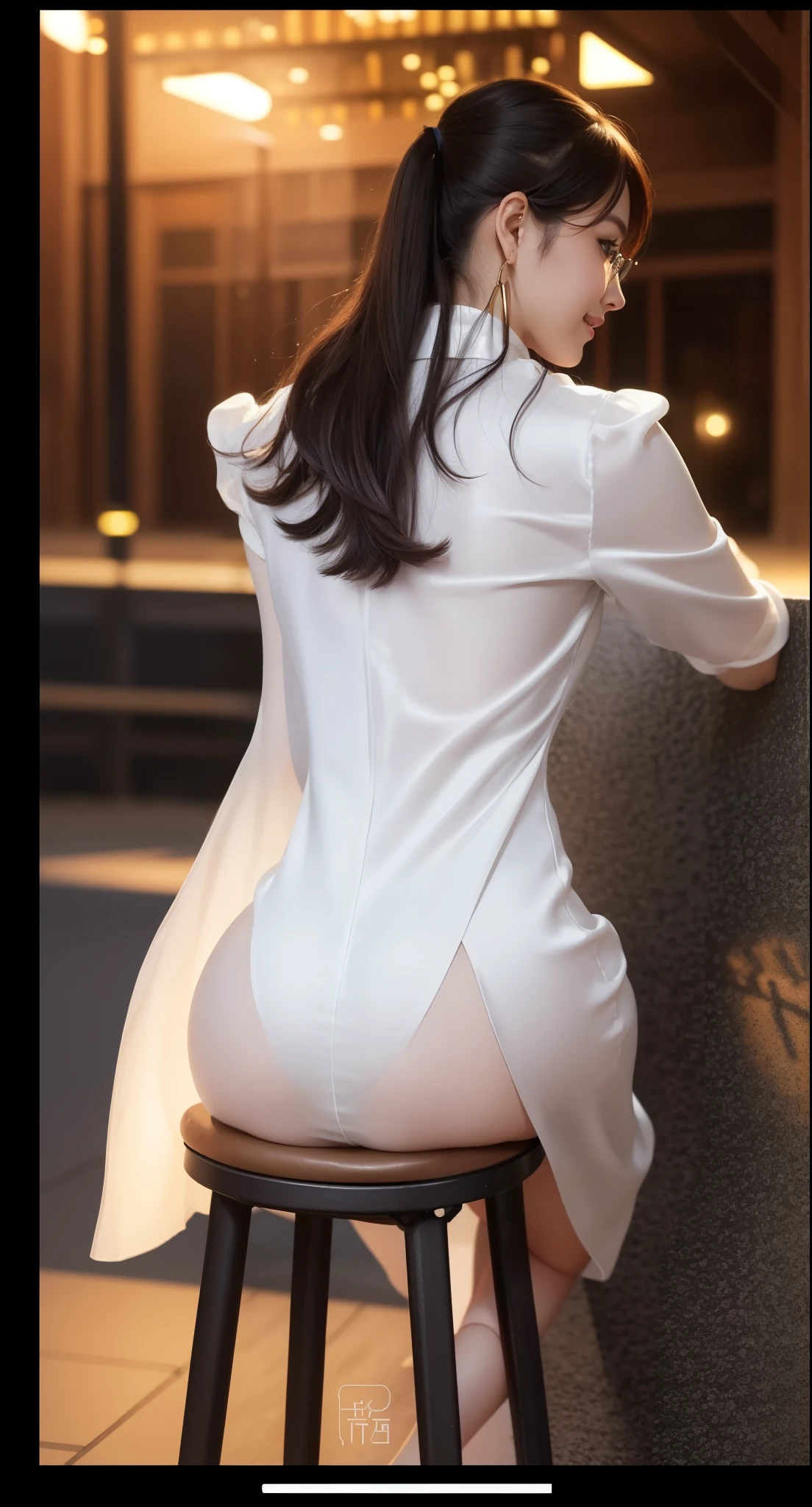 8k, Tabletop, RAW Photos, highest quality, Realistic, Highly detailed CG Unity 8k wallpaper, Depth of written boundary, Cinematic Light, Lens flare, Ray Tracing, (Very beautiful face, Beautiful Lips, Beautiful Eyes), Exquisitely detailed face, ((Highly detailed skin)) One Girl, In the Dark, Deep Shadow, Cute Korean Girl, K-Pop Idols, 1 girl, (Very slim and slender fit muscular body:1.3), ((View Viewer)),(Big smile:1.3), (Fashion City Night, Dark Night, (Neon Signs), (Blurred Background), Fashion Street Night),(No people in the background:1.3), Beautiful earrings, bracelet, pantyhose, Clear Eyes, walk, (Pale skin), (Big eyes), Look forward, (Brown Hair), (Full Body Shot), ((Silk Chinese Dress:1.3)), ((Tight Fit Dress)), , (View Viewer:1.3) Open chest, Very slim, Huge , Backtrack, (Buckshot), focusing, In front of eyebrows,(Tight Dress), Thick thighs,Frameless Glasses,Beautiful ponytail,Back view