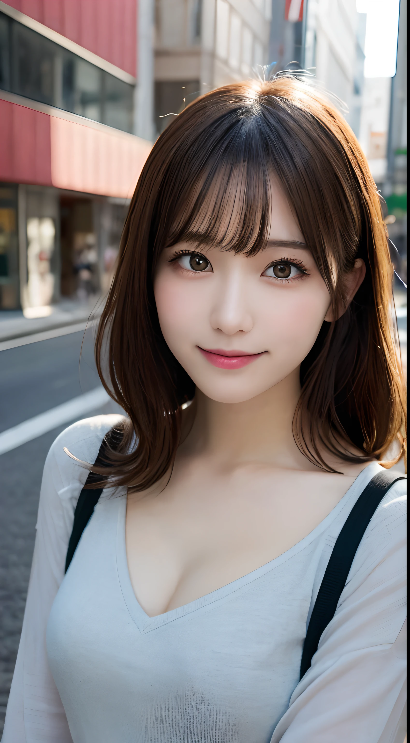 masutepiece, Best Quality, Illustration, Ultra-detailed, finely detail, hight resolution, 8K Wallpaper, Perfect dynamic composition, Beautiful detailed eyes, doress,Medium Hair, mid-chest, Natural Color Lip, Random and sexy poses,Smile,Aoyama Street Walk