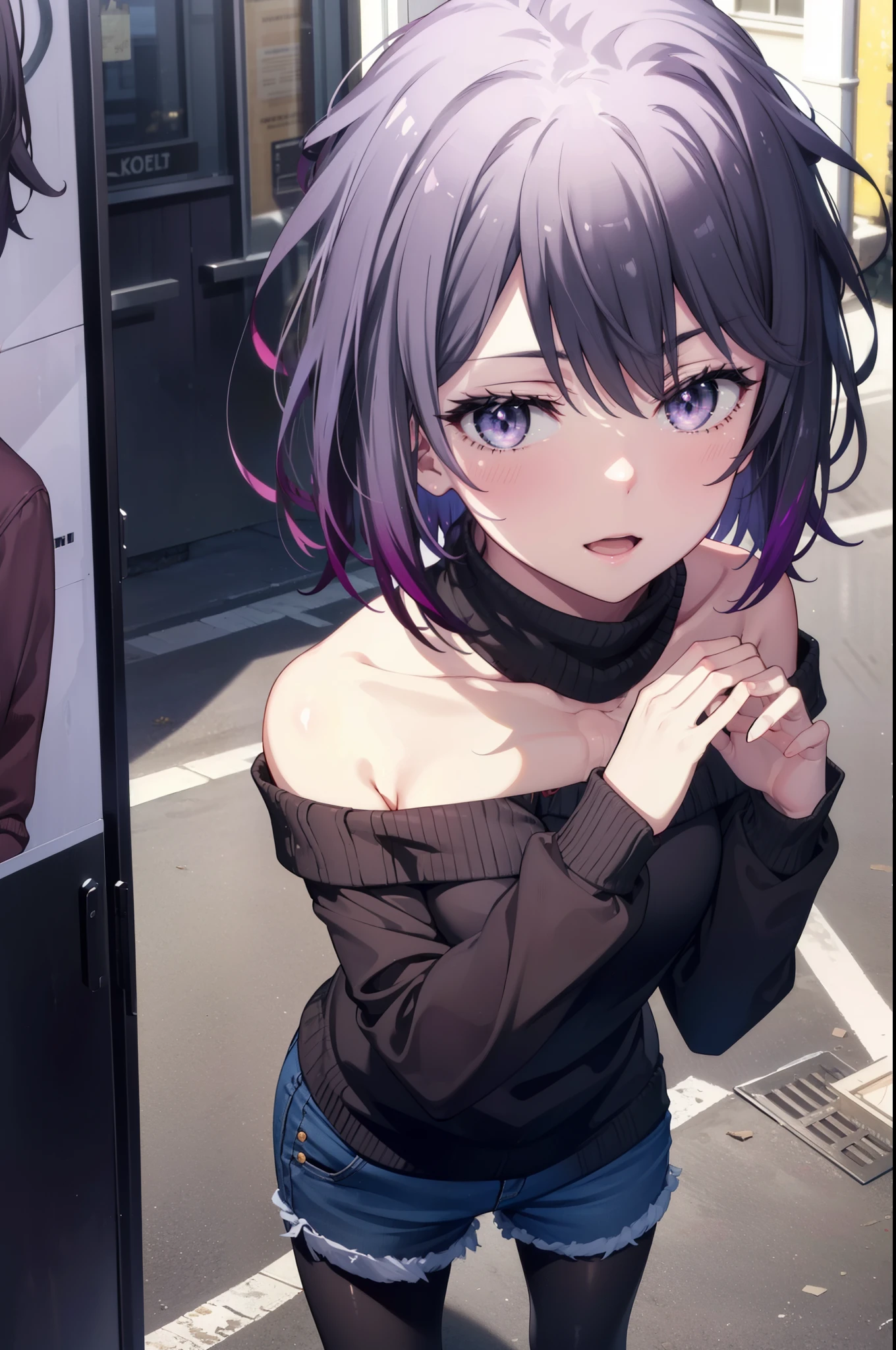 harunoyukinoshita, haruno yukinoshita, short hair, Hair between the eyes, (Iris:1.5), Black Hair, Gradient Hair, Two-tone hair, Purple Hair,happy smile, smile, Open your mouth, 
Off-the-shoulder oversized sweater,Bare shoulders,Bare neck,Shorts,Black pantyhose,short boots,whole bodyがイラストに入るように,
break outdoors, city, Building district,null, people々, crowd, building,寒null,
break looking at viewer,whole body,
break (masterpiece:1.2), highest quality, High resolution, unity 8k wallpaper, (figure:0.8), (Beautiful fine details:1.6), Highly detailed face, Perfect lighting, Highly detailed CG, (Perfect hands, Perfect Anatomy),