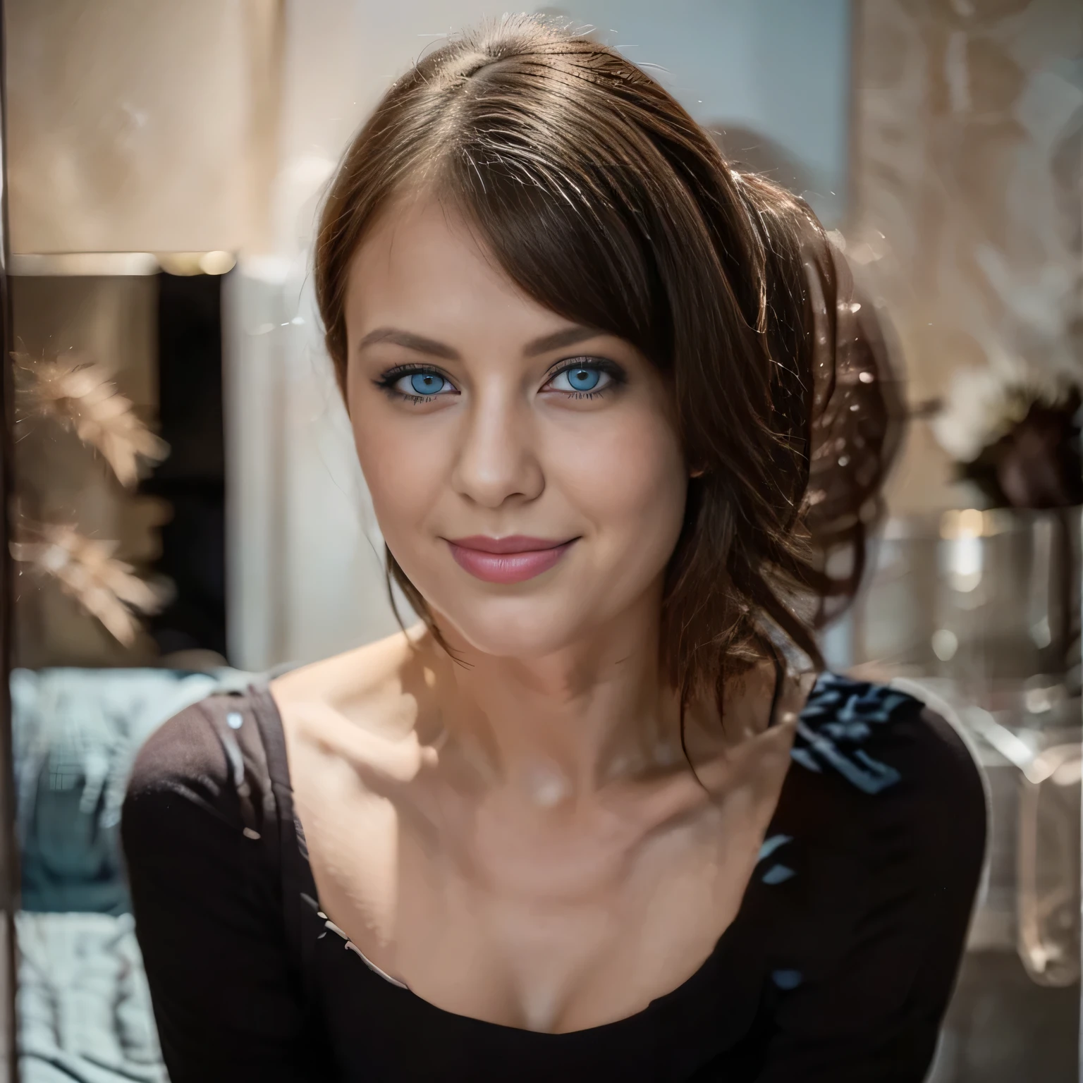 eine Frau, 35 Jahre alt, half cut brunette hair, strukturierte Haut, romantic smile, wearing sexy black dress, (light blue eyes)