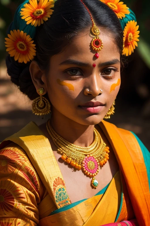 Looks like indian village girl, a close up of a woman in a colorful dress with a flower in her hair, extremely gorgeous woman, matchless beauty, queen, very beautiful enga style, with colourful intricate, candid shot, traditional beauty, candid picture, orange details, wearing intricate, candid portrait photo, with kerala motifs, wearing an elegant tribal outfit, orange and turquoise, orange and teal color, * colour splash *, traditional, stunning visual,