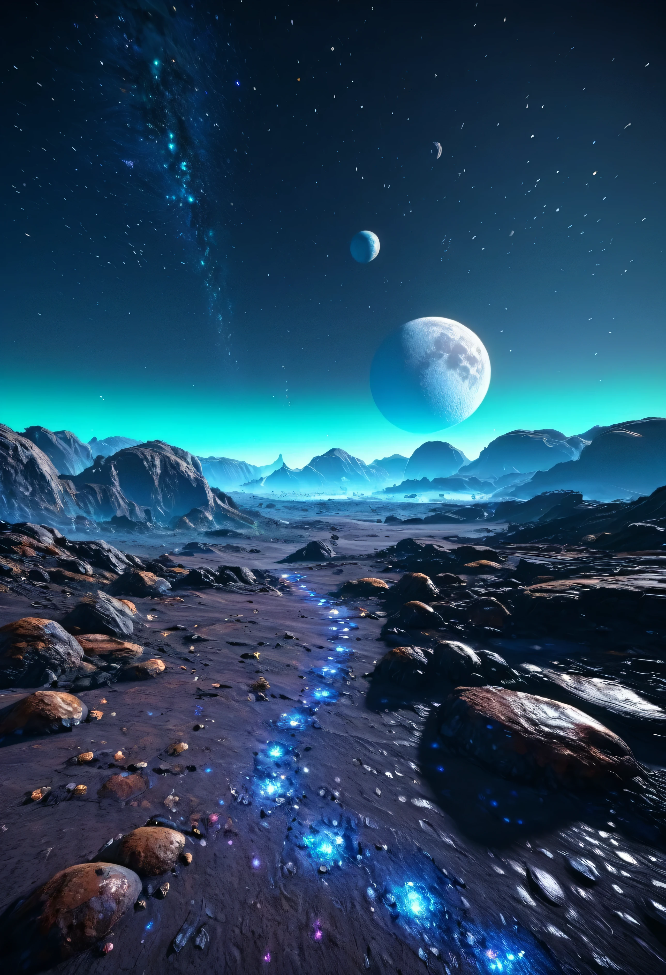 Prompt: (masterpiece), best quality, hyper detailed, detailed lights, derailed colors, extremely detailed, Morning but sky full of stars, two moon, land in the other planets, life in another world, fantasy, ambient. Game concept.