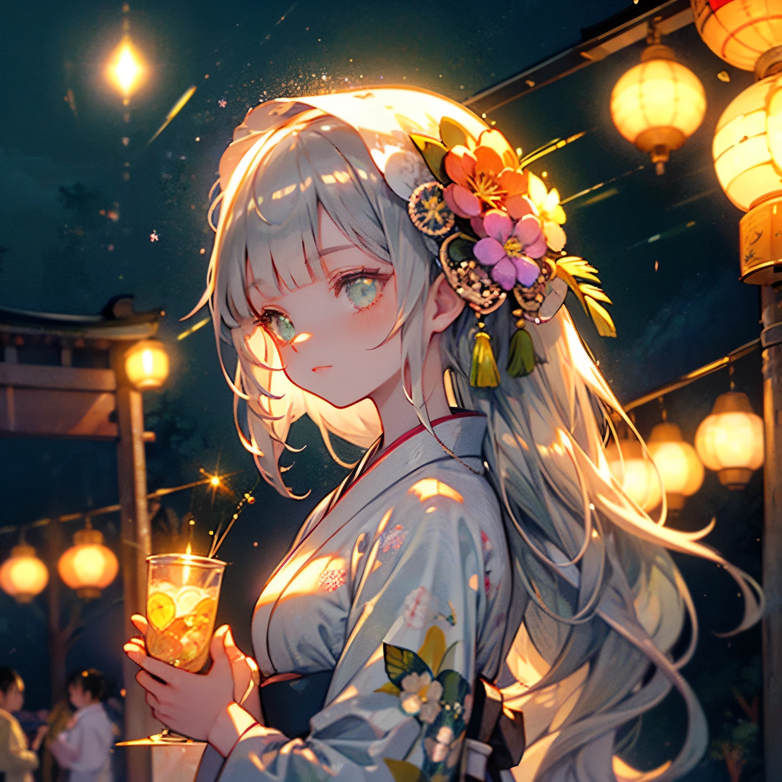 ♥(Japanese beautiful flower printed kimono,yukata),((1girl,cute,young,semi long beautiful silver green hair,blunt bangs,twin tales,beautiful green eyes)),(solo),((masterpiece, highest resolution,best quality)), (beautiful illustration),(Japanese beautiful flower printed kimono,yukata),
 (looking at the viewer), innocent smile,cinematic lighting,Japanese Festival,stall,fireworks,night sky,full moon,shooting star,
