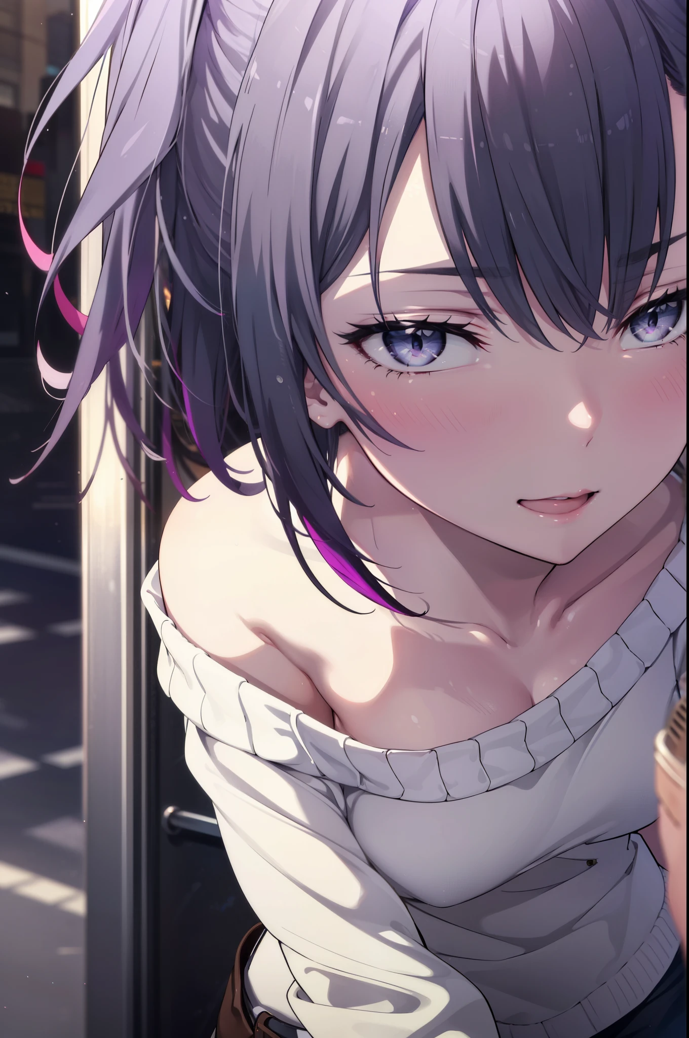 harunoyukinoshita, haruno yukinoshita, short hair, Hair between the eyes, (Iris:1.5), Black Hair, Gradient Hair, Two-tone hair, Purple Hair,happy smile, smile, Open your mouth, 
Off-the-shoulder oversized sweater,Bare shoulders,Bare neck,Shorts,Black pantyhose,short boots,whole bodyがイラストに入るように,
break outdoors, city, Building district,null, people々, crowd, building,寒null,
break looking at viewer,whole body,(Cowboy Shot:1. 5)
break (masterpiece:1.2), highest quality, High resolution, unity 8k wallpaper, (figure:0.8), (Beautiful fine details:1.6), Highly detailed face, Perfect lighting, Highly detailed CG, (Perfect hands, Perfect Anatomy),