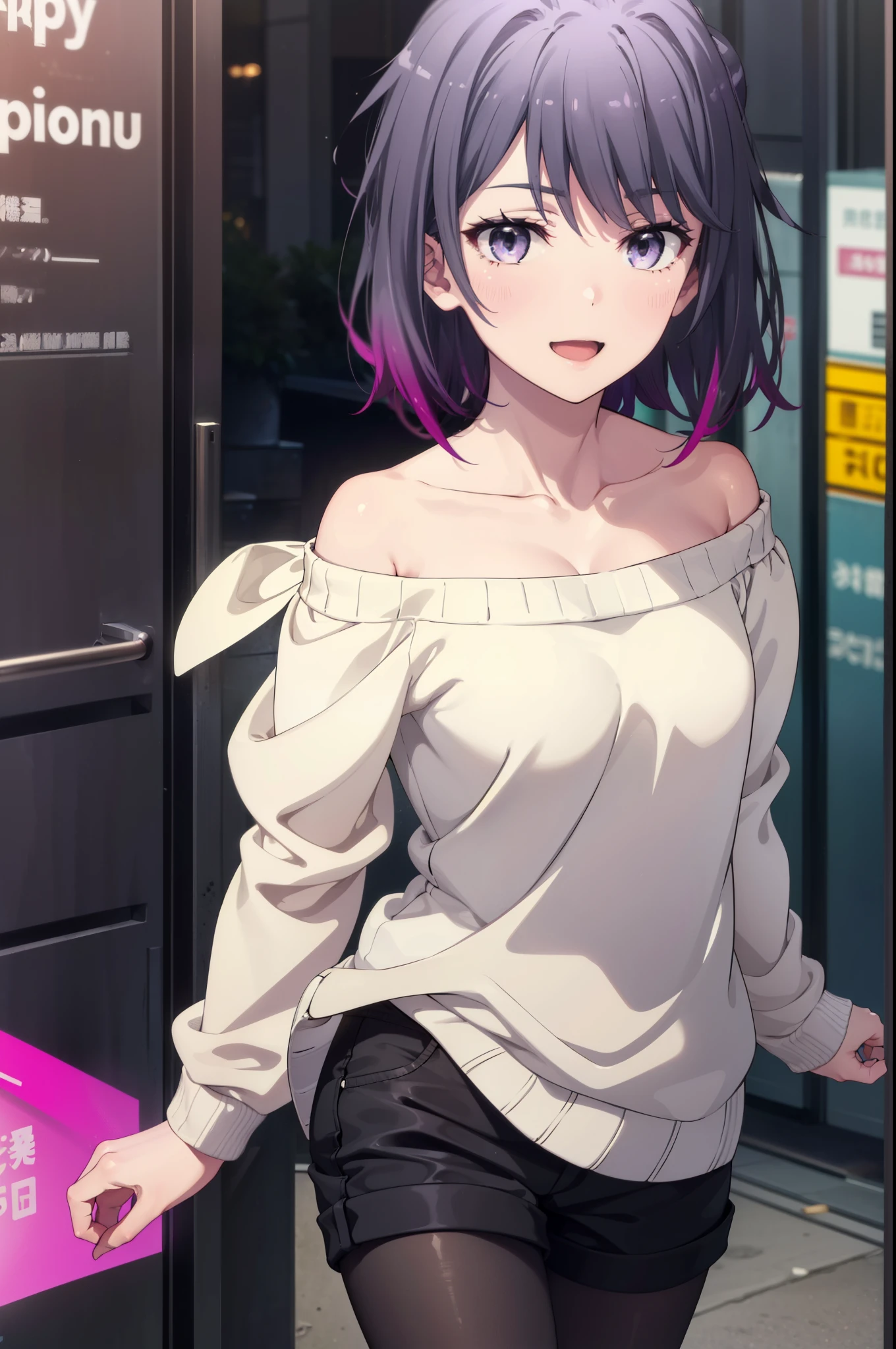 harunoyukinoshita, haruno yukinoshita, short hair, Hair between the eyes, (Iris:1.5), Black Hair, Gradient Hair, Two-tone hair, Purple Hair,happy smile, smile, Open your mouth, 
Off-the-shoulder oversized sweater,Bare shoulders,Bare neck,Shorts,Black pantyhose,short boots,whole bodyがイラストに入るように,
break outdoors, city, Building district,null, people々, crowd, building,寒null,
break looking at viewer,whole body,(Cowboy Shot:1. 5)
break (masterpiece:1.2), highest quality, High resolution, unity 8k wallpaper, (figure:0.8), (Beautiful fine details:1.6), Highly detailed face, Perfect lighting, Highly detailed CG, (Perfect hands, Perfect Anatomy),