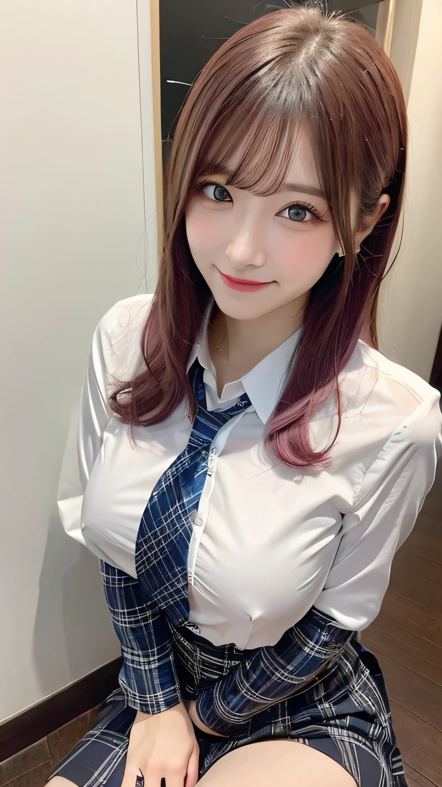 One Girl, Hoshino (Blue Archive), alone, Heterochromia iridis, Pink Hair, skirt, Long Hair, tie, Ahoge, shirt, Hello, Plaid skirt, blue eyes, Plaid, Big Breasts,Show Viewer, white shirt, Sitting, Orange eyes, chest Harness, Harness, Long sleeve, ID card, Open your mouth, very Long Hair, collared shirt, smile, blue tie, bangs, Between the legs, hand Between the legs, blush, Hair between the eyes, High resolution,masterpiece, highest quality