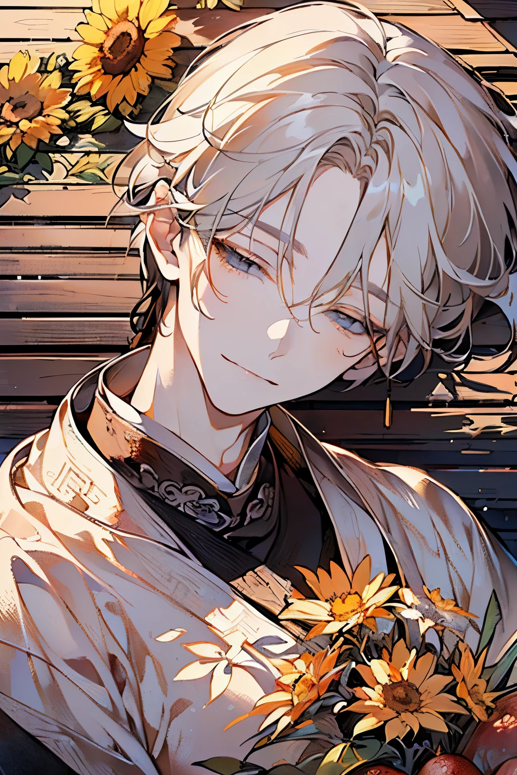 (old male:1.45)、(masterpiece、highest quality、highest quality、Beautiful and beautiful:1.2)、(Good anatomy:1.5)、Painting of a Man with milky blonde wave hair、Shy smile、Sparkling Eyes、looking down、strawberry pattern background、(Sleep face down on a simple wooden bed:1.2)、(sunny days:1.45)、(black、pink、orange、yellow:1.2)、(Chinese hanfu concept:1.25)、Close-up of face、((Top view:1.2))