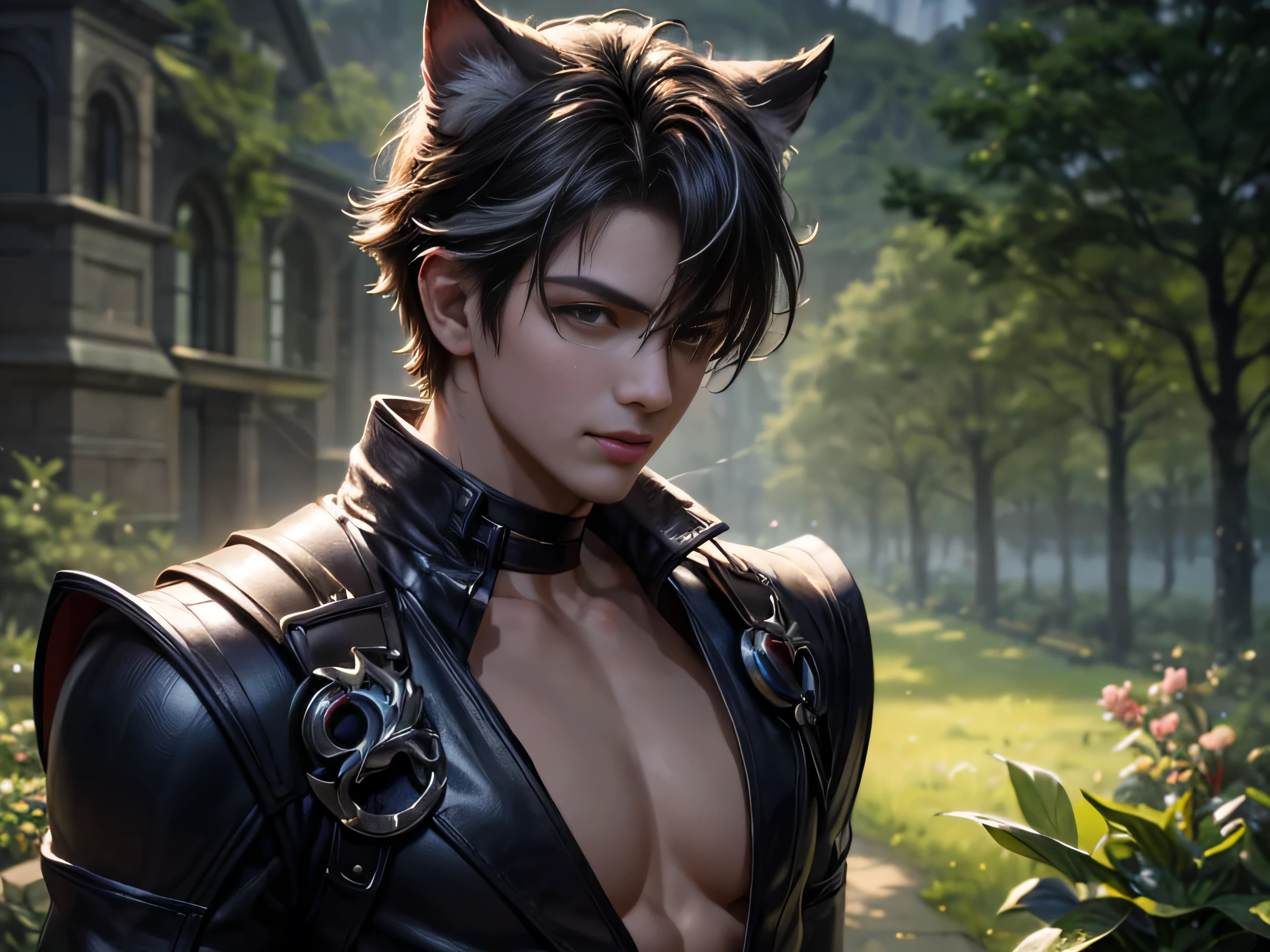 (Best Quality, 8K, Masterpiece, HDR, Soft Lighting, Picture Perfect, Realistic, Vivid), There is a garden with blue and pink flowers, there is a handsome man with cat ears lying on the grass, he has beautiful gray eyes and a kind smile, dark hair, he has a naked torso with a perfect body and black leather pants with military boots, he is stroking little cute foxes lying on the chest, (ultra high quality fantasy art, majestic fantasy style, masterpiece, ultra high quality male character design, 8k quality anime art, realistic anime art, highest quality wallpaper illustration, detailed ultra high quality accurate male face, high quality design and accurate physics , male character)(ultra high quality fantasy art, dark fantasy style, masterpiece, ultra high quality character design, 8k quality anime art , Realistic Anime Art, Highest Quality Wallpaper Illustration, Detailed Ultra High Quality Accurate Face, High Quality Design and Accurate Physics), Color Difference, Depth of Field, Dramatic Shadows, Ray Tracing, Best Quality, Highly Detailed CG, 8K Wallpapers, [Carefully Rendered hair [Read more about beautiful and shiny hair]] ,(Perfect hand detail [Beautiful fingers without breakage [Beautiful nails]],(Perfect anatomy (Perfect proportions)) [[Resembles the whole body]],[Perfect color combination (Accurate simulation of interaction light and material)], [Visual art that conveys the meaning of history]