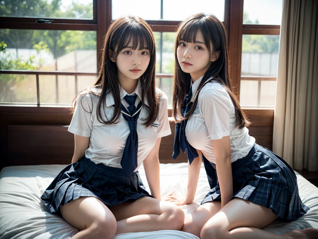 (RAW photo, 4k, masterpiece, high resolution, extremely complex) (realistic: 1.4), cinematic lighting
((2 girls, 2 schoolgirls)),Slam Dunk's,blushing,((innocent)),bright eyes,round eyes,blunt bangs,(straight hair:1.3),black hair,large breasts,wide hips,Summer Noon, ,Hot, (Best Quality), (Highres), (an Extremely Delicate and Beautiful),(Beautiful 8k face),(Brown eyes),short bob hair,( spectators),(gigantic breasts),(Play with each other,Touching each other's bodies,Touching the body),(Japanese high school uniform:1.3),blue skirt,(reality),bright lighting,(The background is a luxury hotel room)