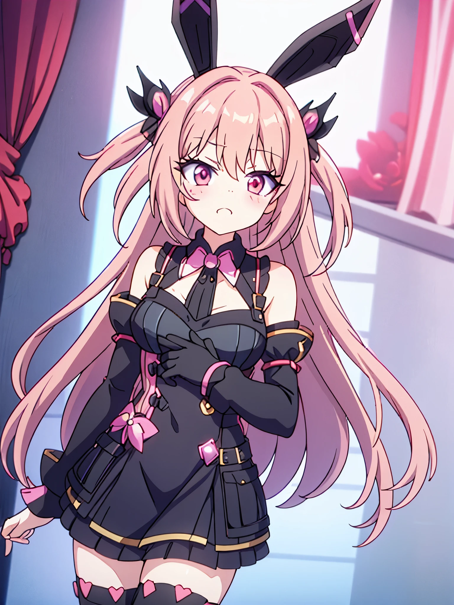 1 Beautiful perfect anatomy great quality 8k with pink hair Red eyes with left eye patch black dress with long black stockings in room black bunny ears