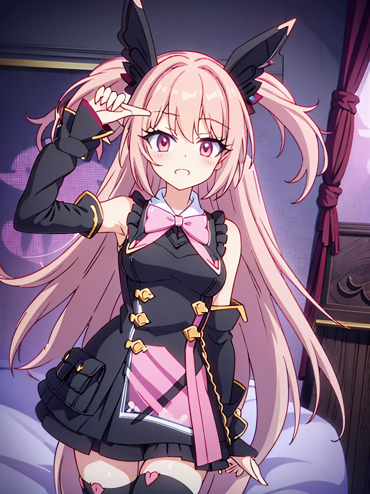 1 Beautiful perfect anatomy great quality 8k with pink hair Red eyes with left eye patch black dress with long black stockings in room black bunny ears